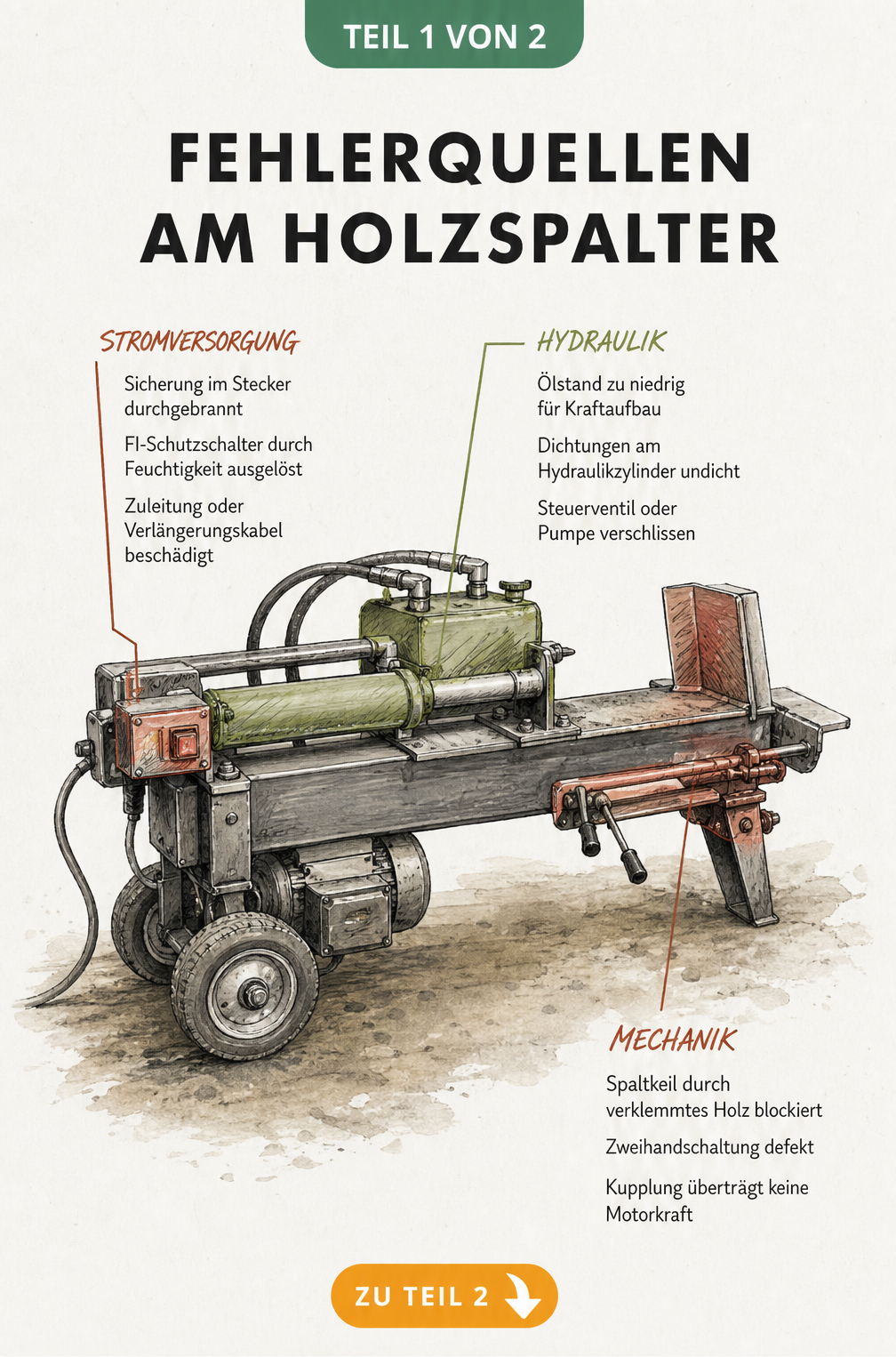Illustration eines liegenden Holzspalters mit Markierungen für Fehlerquellen an Stromversorgung, Hydraulik und Mechanik