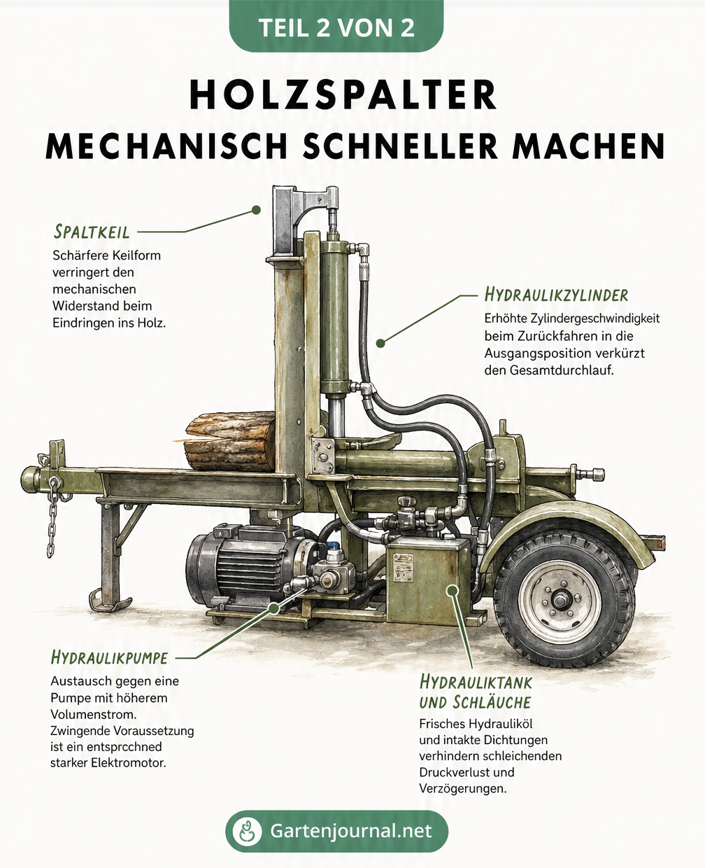 Illustration eines Holzspalters mit Markierungen an Spaltkeil, Hydraulikpumpe, Zylinder und Tank