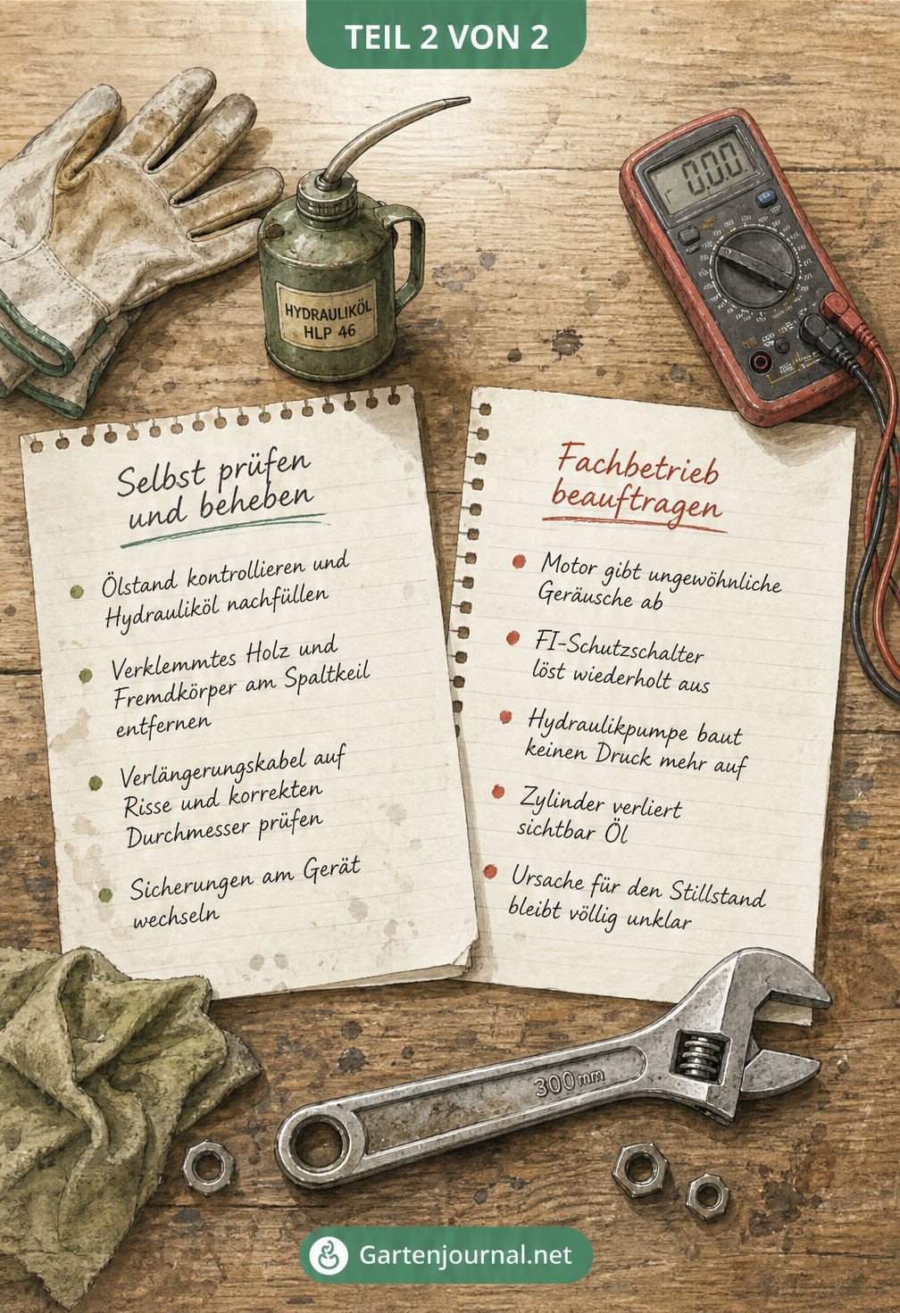 Illustration einer Werkbank mit Notizzetteln zur Reparatur eines Holzspalters: Selbst prüfen vs. Fachbetrieb beauftragen
