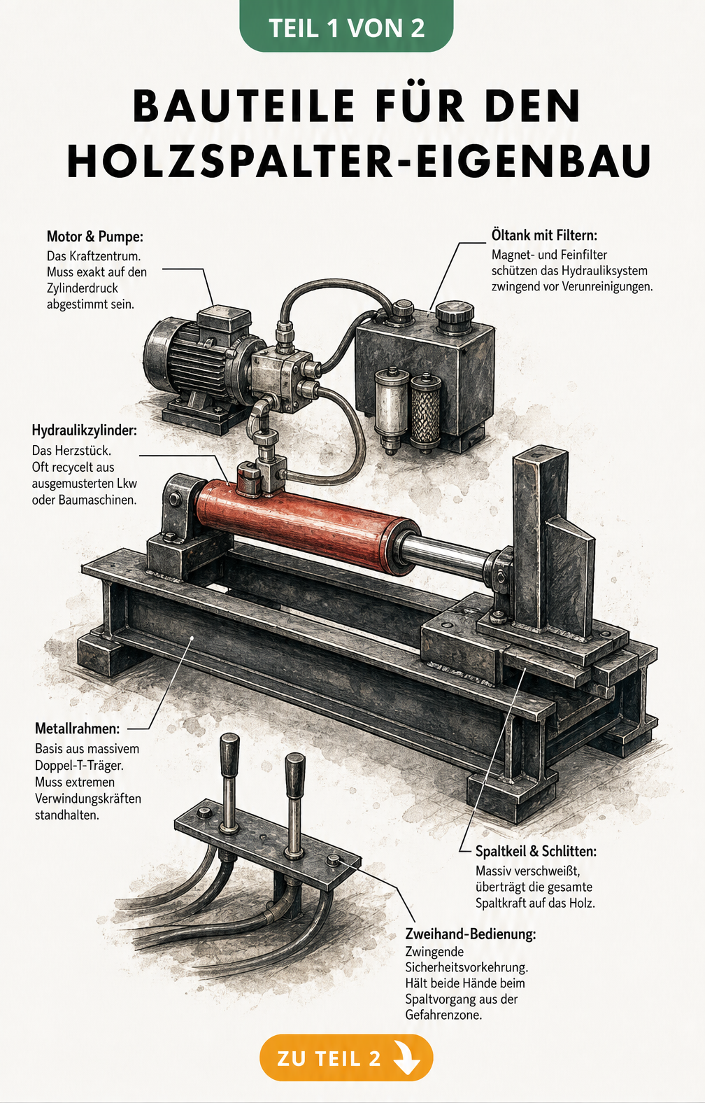 Explosionsgrafik eines liegenden Holzspalters mit Beschriftung der wichtigsten Bauteile wie Motor, Hydraulikzylinder und Spaltkeil