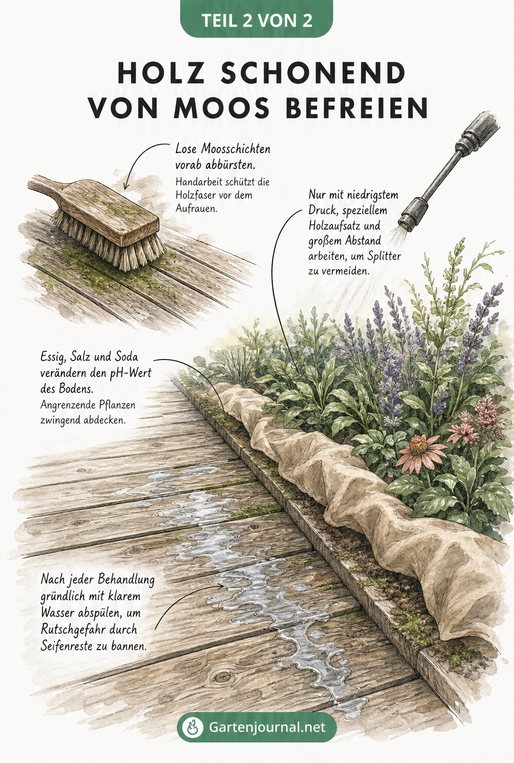 Querschnitt-Zeichnung einer Holzterrasse am Gartenbeet mit Hinweisen zur schonenden Moosentfernung