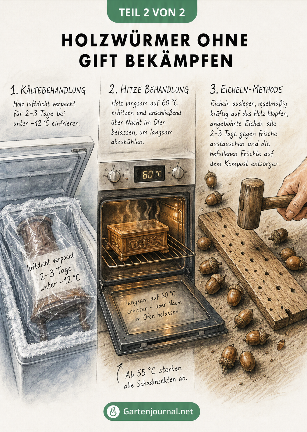 Skizze einer Tischlerwerkstatt, die drei giftfreie Methoden zur Holzwurmbekämpfung zeigt: Kältebehandlung in der Tiefkühltruhe, Hitzebehandlung im Backofen und...