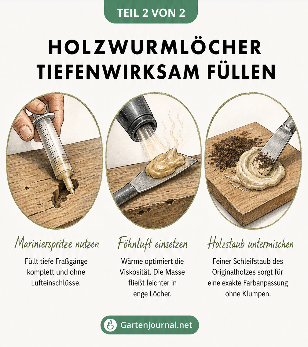Drei Illustrationen zeigen Techniken zum Füllen von Holzwurmlöchern: Marinierspritze nutzen, Föhnluft einsetzen und Holzstaub untermischen.