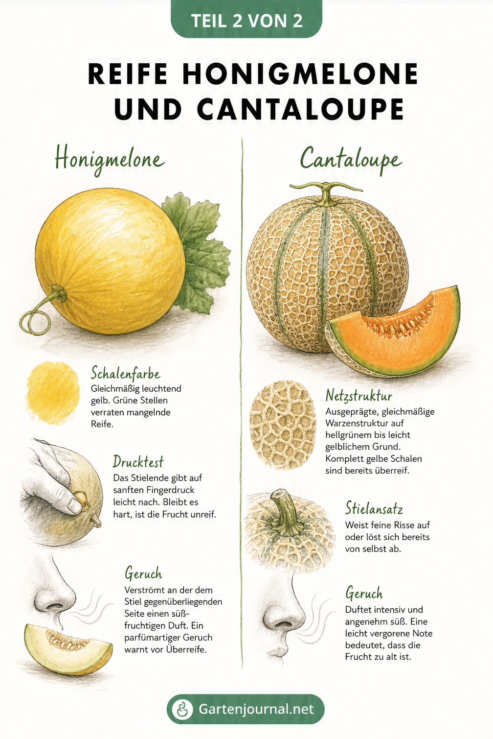 Illustration einer Honigmelone und einer Cantaloupe-Melone mit Tipps zur Bestimmung des Reifegrads durch Fühlen und Riechen