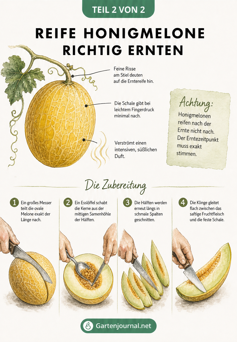 Illustration zur Ernte und Zubereitung einer Honigmelone, die Reifezeichen an der Frucht und das Aufschneiden in der Küche zeigt