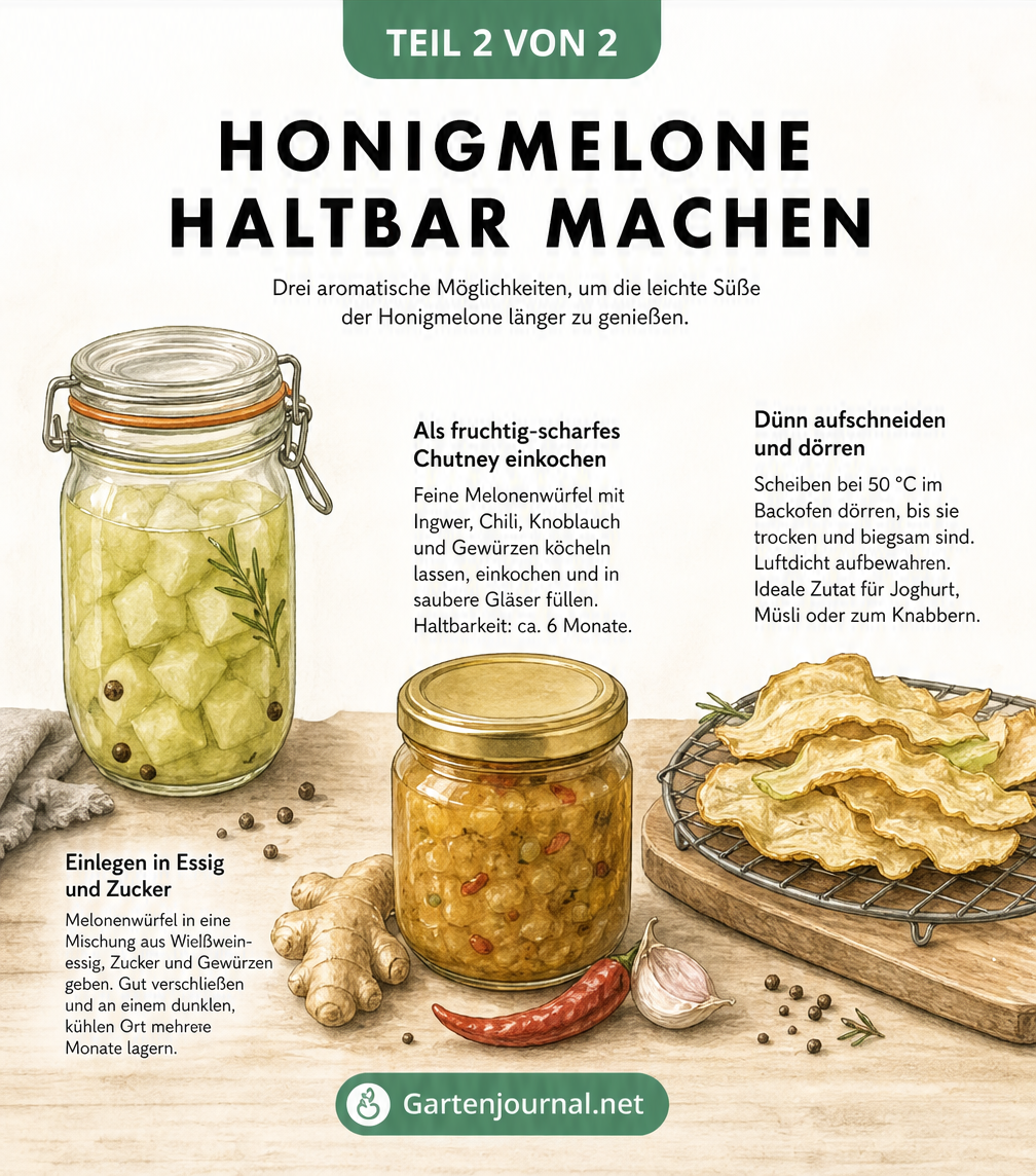 Illustration von Melonenwürfeln in einem Einmachglas, einem Chutney-Glas mit Gewürzen und getrockneten Melonenscheiben auf einem Holzbrett