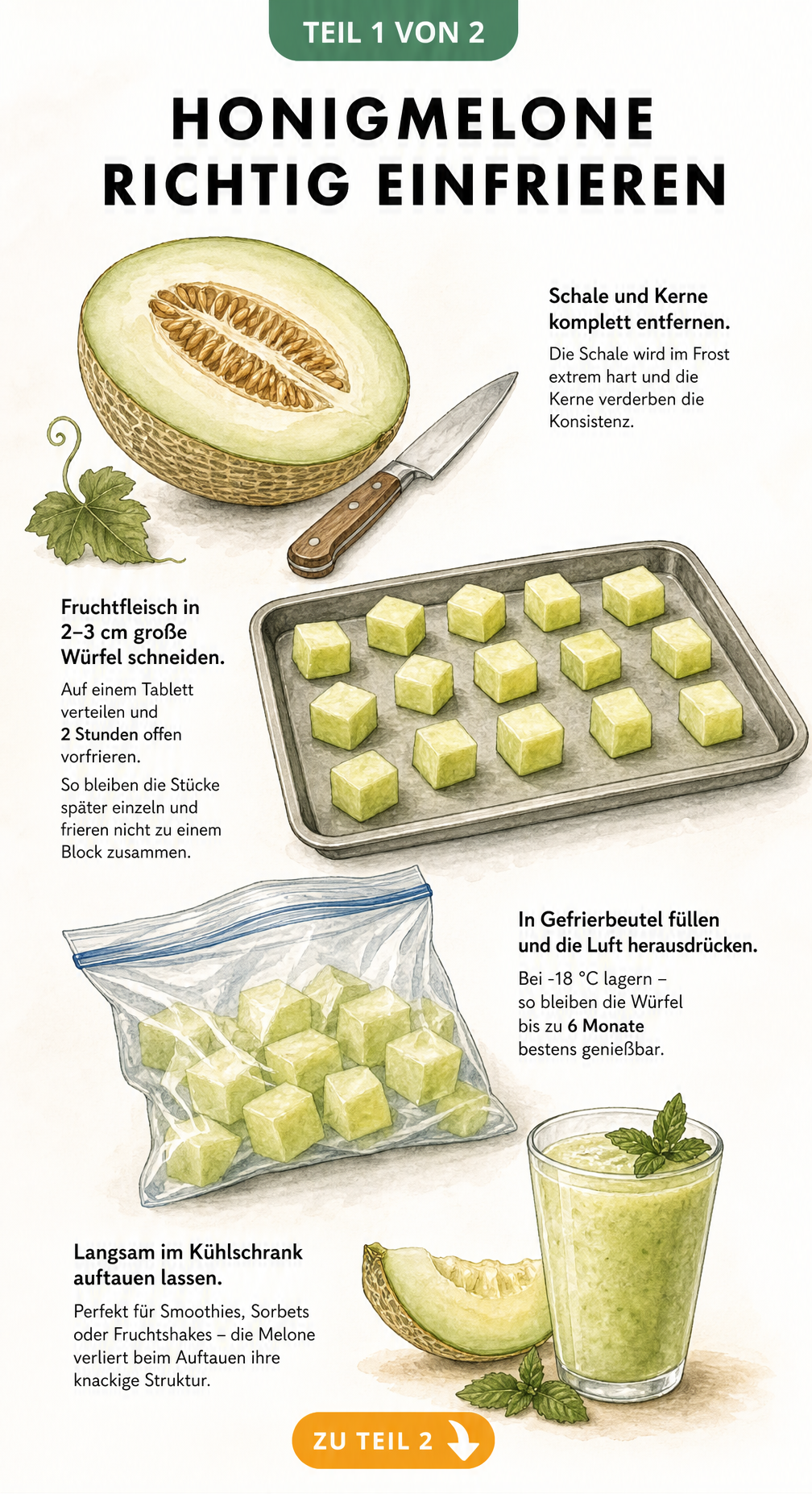 Illustration einer halbierten Honigmelone, Melonenwürfel auf einem Tablett und ein Gefrierbeutel