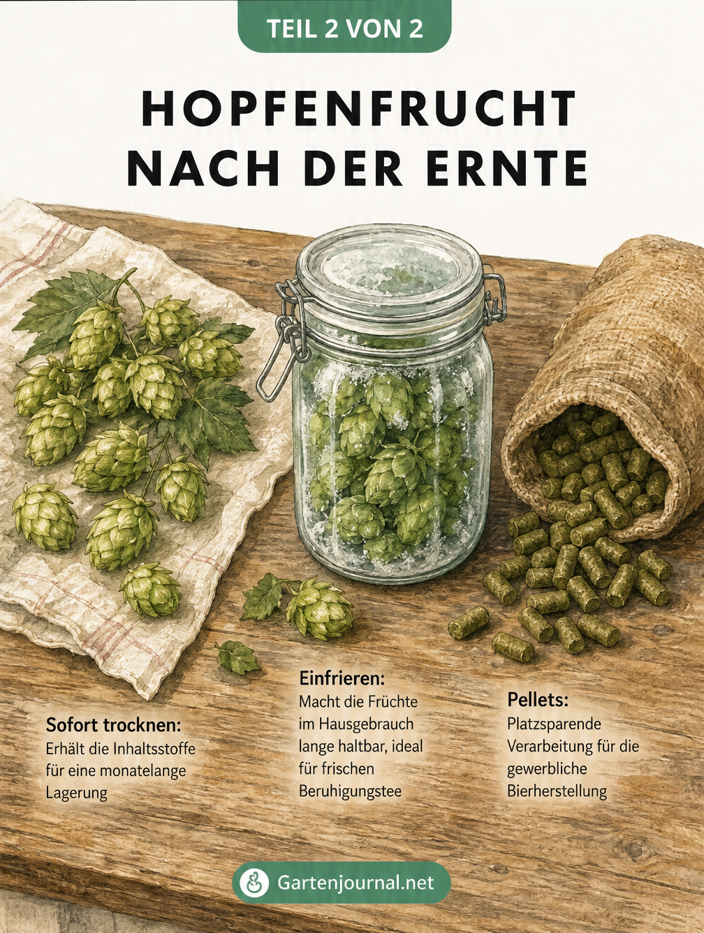 Illustration eines Holztisches mit drei Methoden zur Hopfenverarbeitung: Trocknen auf einem Leinentuch, Einfrieren im Einmachglas und Pressen zu Pellets im...