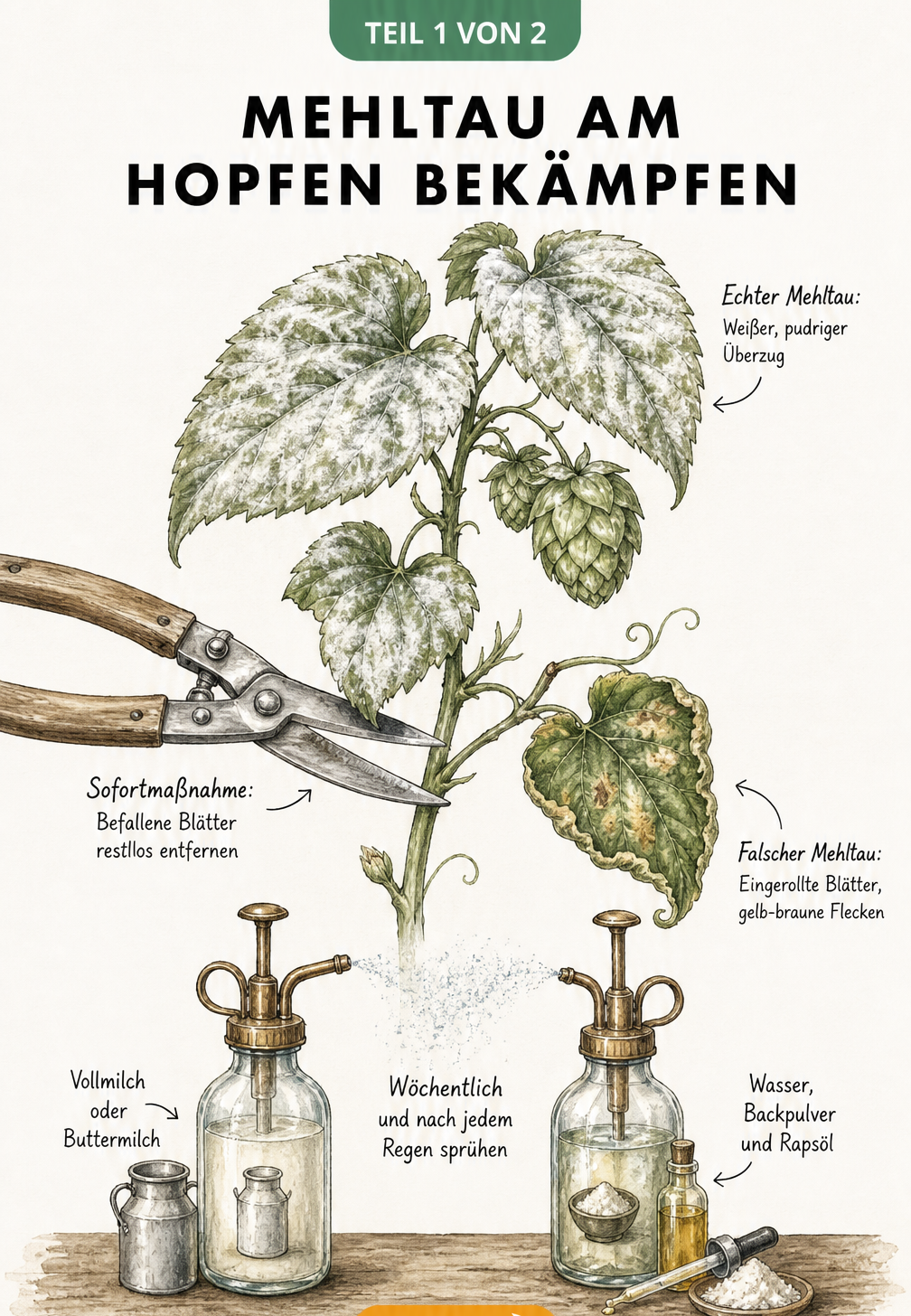 Botanische Illustration von Hopfen mit Echtem und Falschem Mehltau sowie Hausmitteln zur Bekämpfung