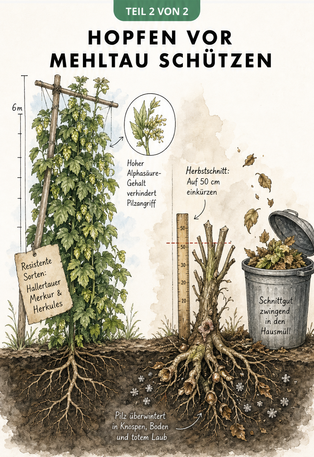 Illustration eines großen Hopfens mit resistenten Sorten und dem richtigen Herbstschnitt gegen Mehltau