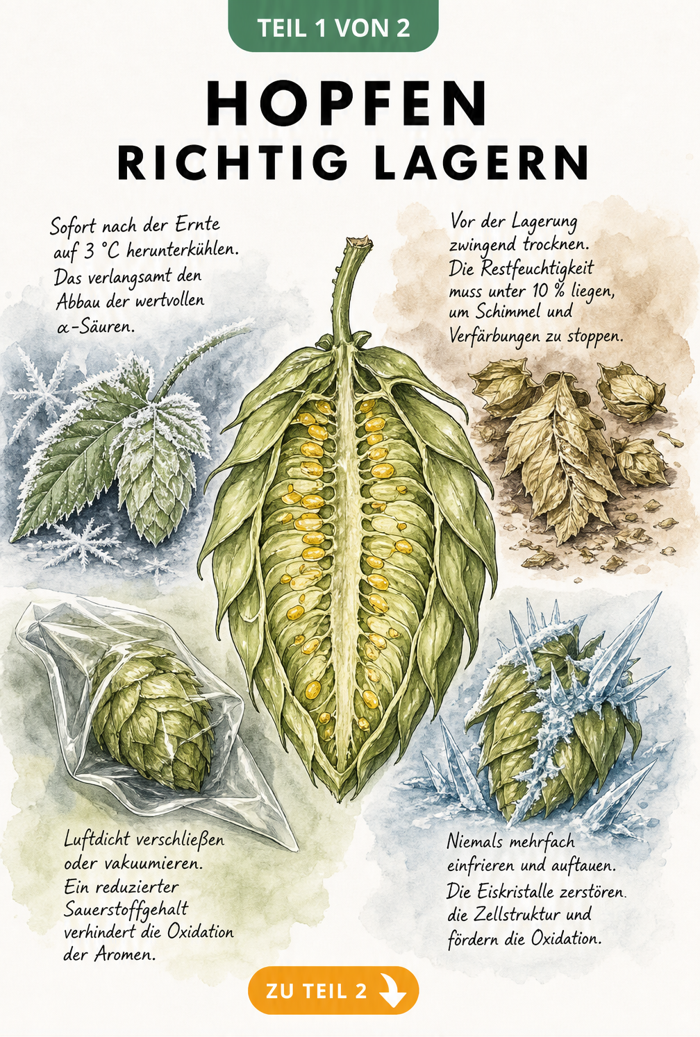 Botanische Illustration einer Hopfendolde mit Lupulindrüsen und den vier Lagerfaktoren Kälte, Trockenheit, Sauerstoffentzug und Einfrieren.