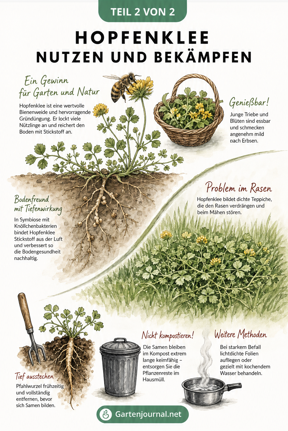 Illustration zur Nutzung von Hopfenklee als Bienenweide und Tipps zur Bekämpfung im Rasen