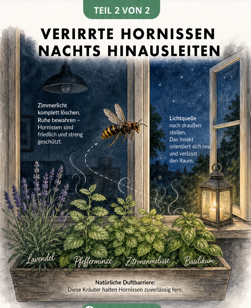 Schnittzeichnung eines Fensters bei Nacht, die zeigt, wie eine Hornisse durch eine äußere Lichtquelle nach draußen gelockt wird