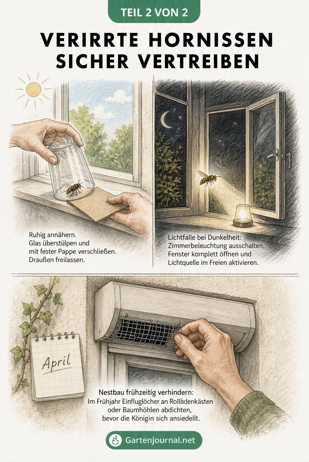 Zeichnung, die zeigt, wie man eine Hornisse mit einem Glas und Pappe fängt, sowie eine Lichtfalle am Fenster bei Nacht