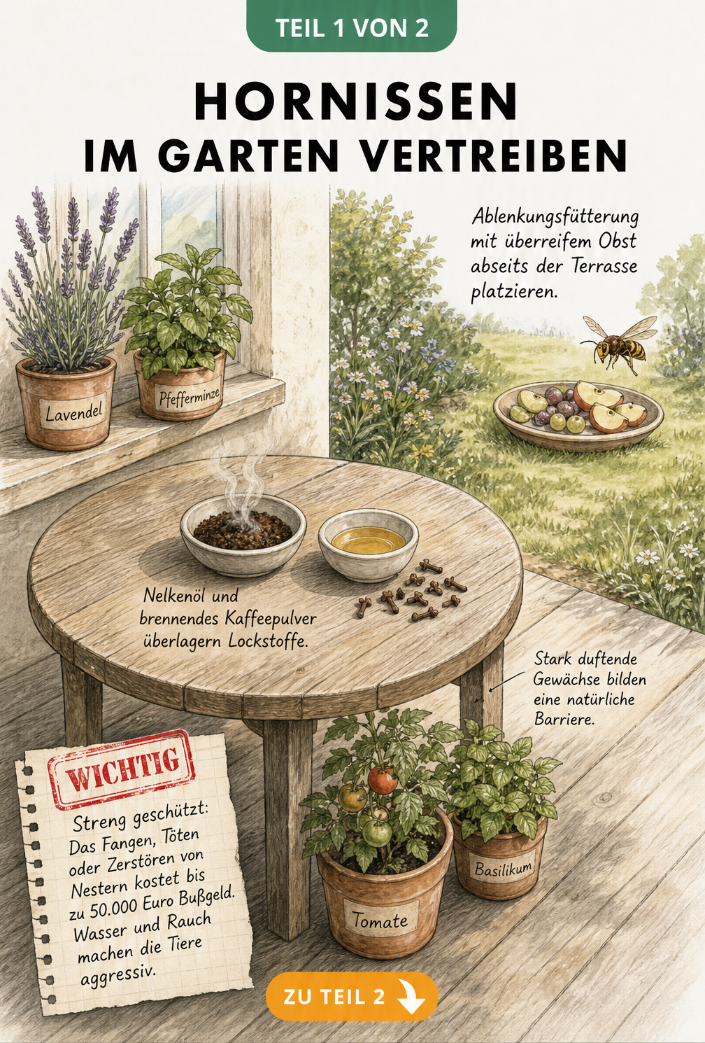 Illustration einer Terrasse mit Pflanzen wie Lavendel und Tomaten sowie Schälchen mit Kaffeepulver und Nelkenöl zur Abwehr von Hornissen
