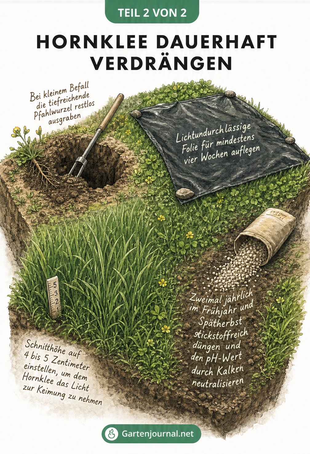 Isometrische Illustration zur Bekämpfung von Hornklee im Rasen durch Ausgraben, Abdecken, Mähen und Düngen
