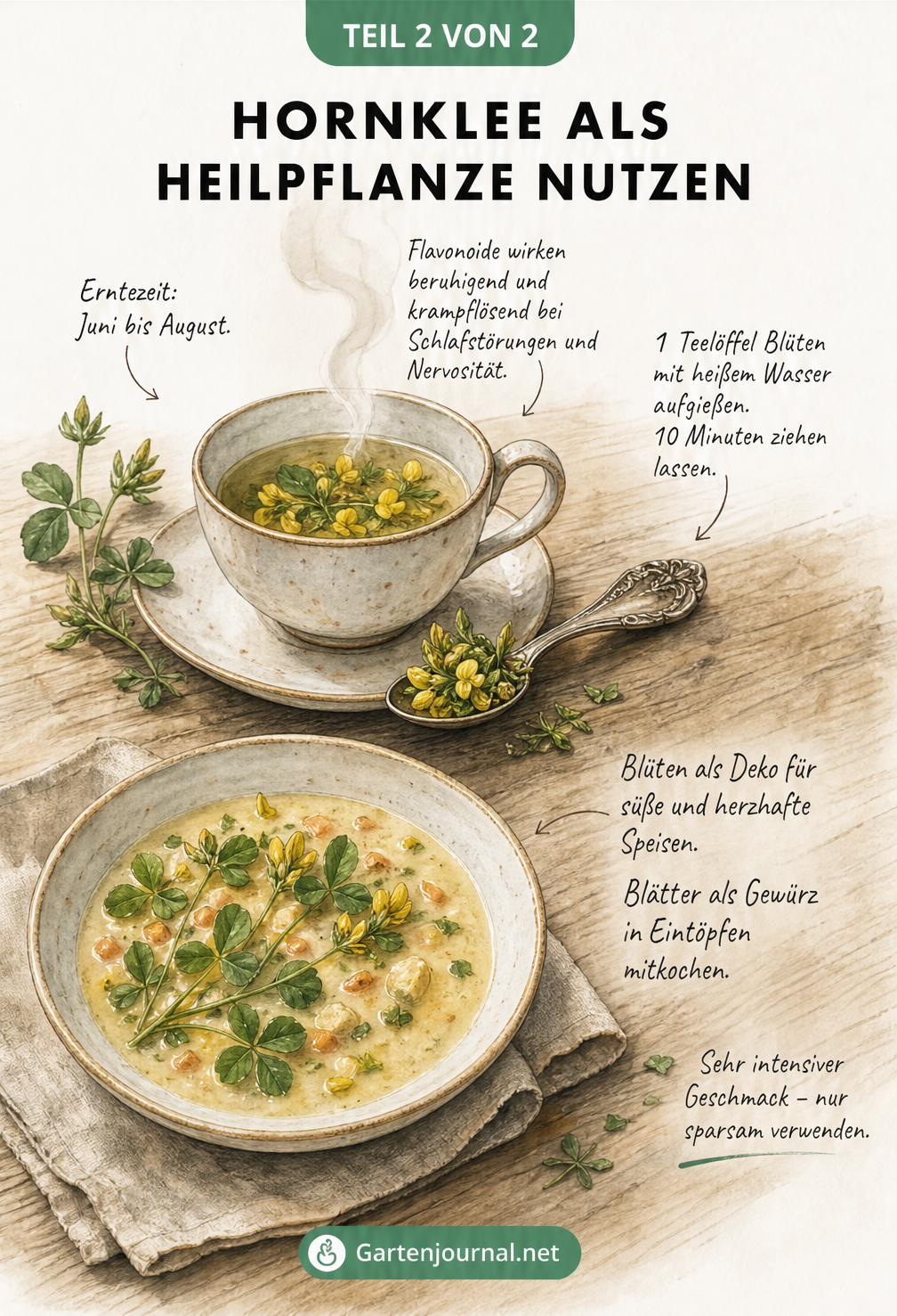 Illustration von Hornklee-Tee und Suppenteller mit Hornkleeblüten zur medizinischen und kulinarischen Nutzung