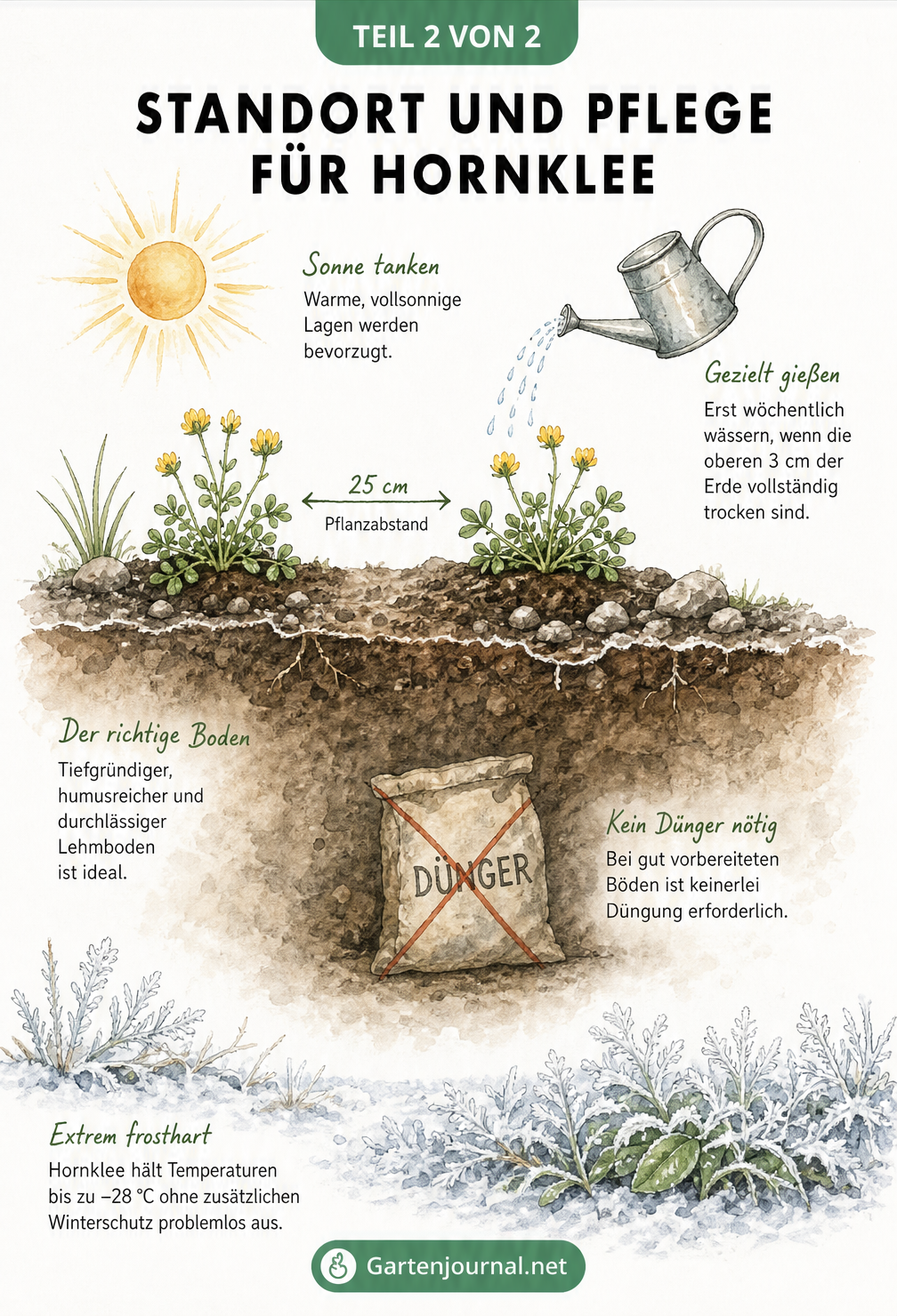 Illustration eines Gartenbeets im Querschnitt mit Hornklee, Sonne, Gießkanne und Hinweisen zu Boden, Pflanzabstand und Frosthärte