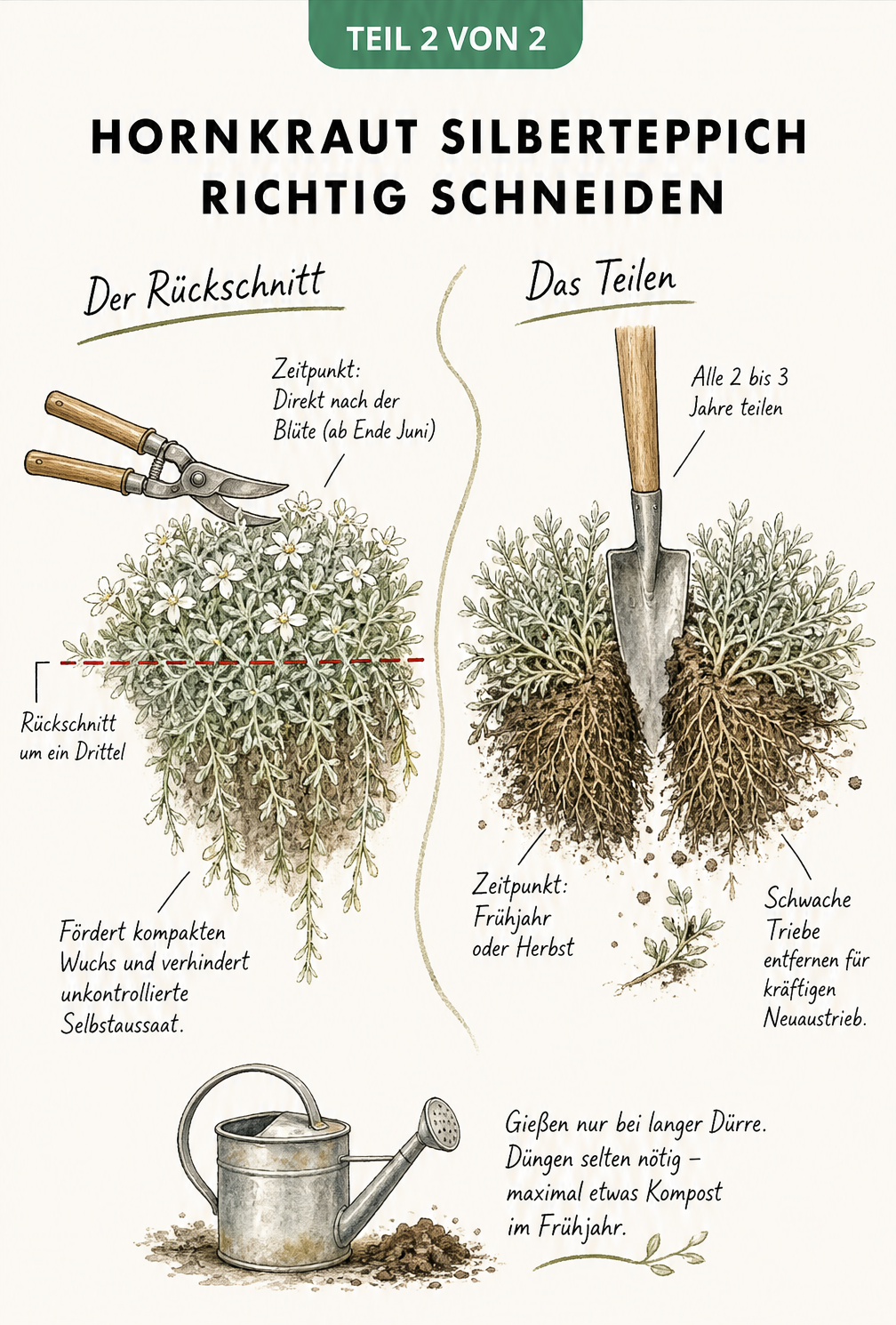 Illustration zum richtigen Rückschnitt und Teilen des Hornkrauts Silberteppich mit Gartenschere und Spaten.