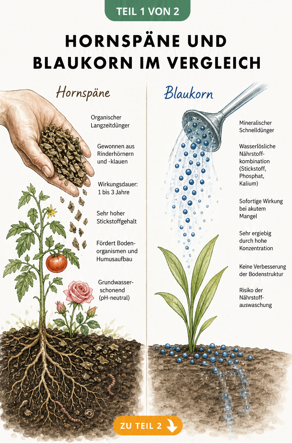 Illustration von Hornspänen auf Gartenerde mit einer Pflanzenwurzel
