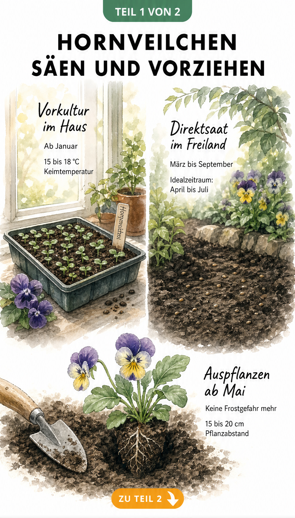 Illustration zur Aussaat von Hornveilchen: Vorkultur im Haus ab Januar und Direktsaat im Freiland ab März.
