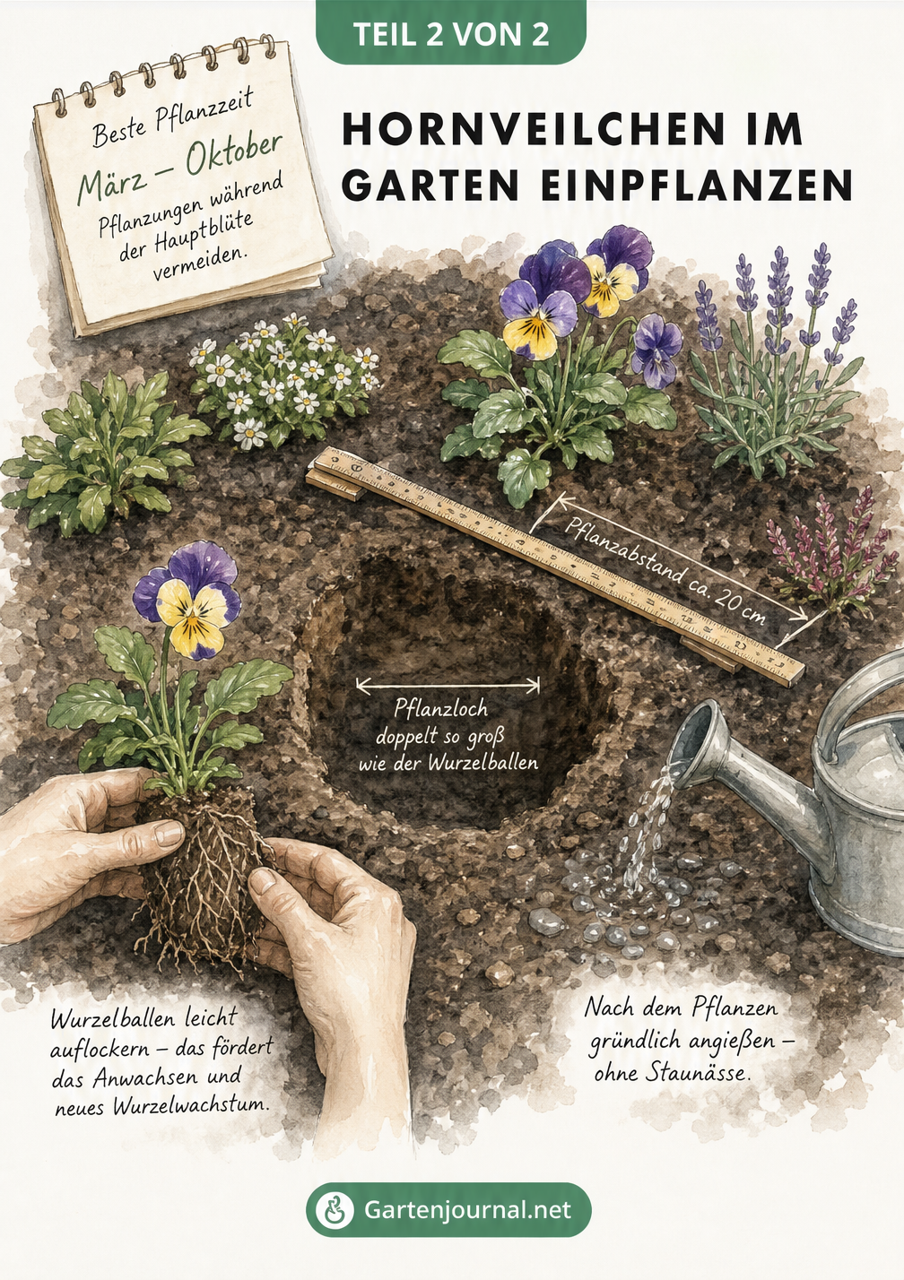 Illustration eines Gartenbeets von oben mit einem Pflanzloch, einem Hornveilchen-Wurzelballen und Hinweisen zum Pflanzabstand.