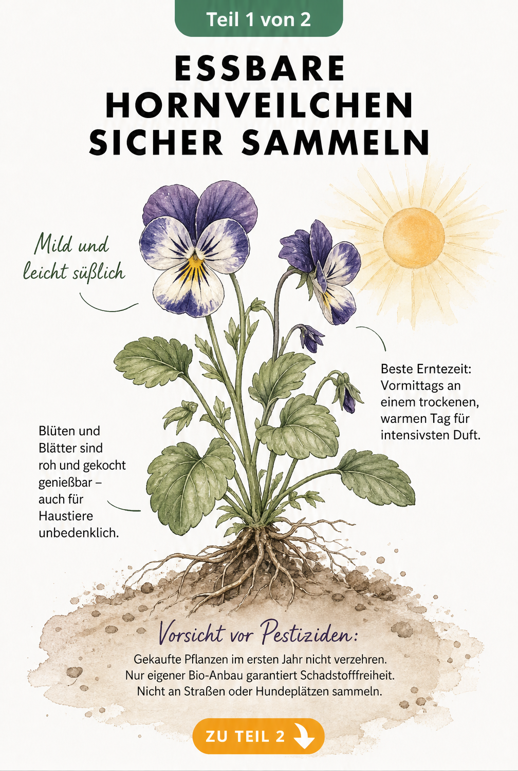 Botanische Illustration eines Hornveilchens mit Wurzeln, Blättern und Blüten sowie Hinweisen zu Geschmack, Erntezeit und Sicherheit beim Verzehr.