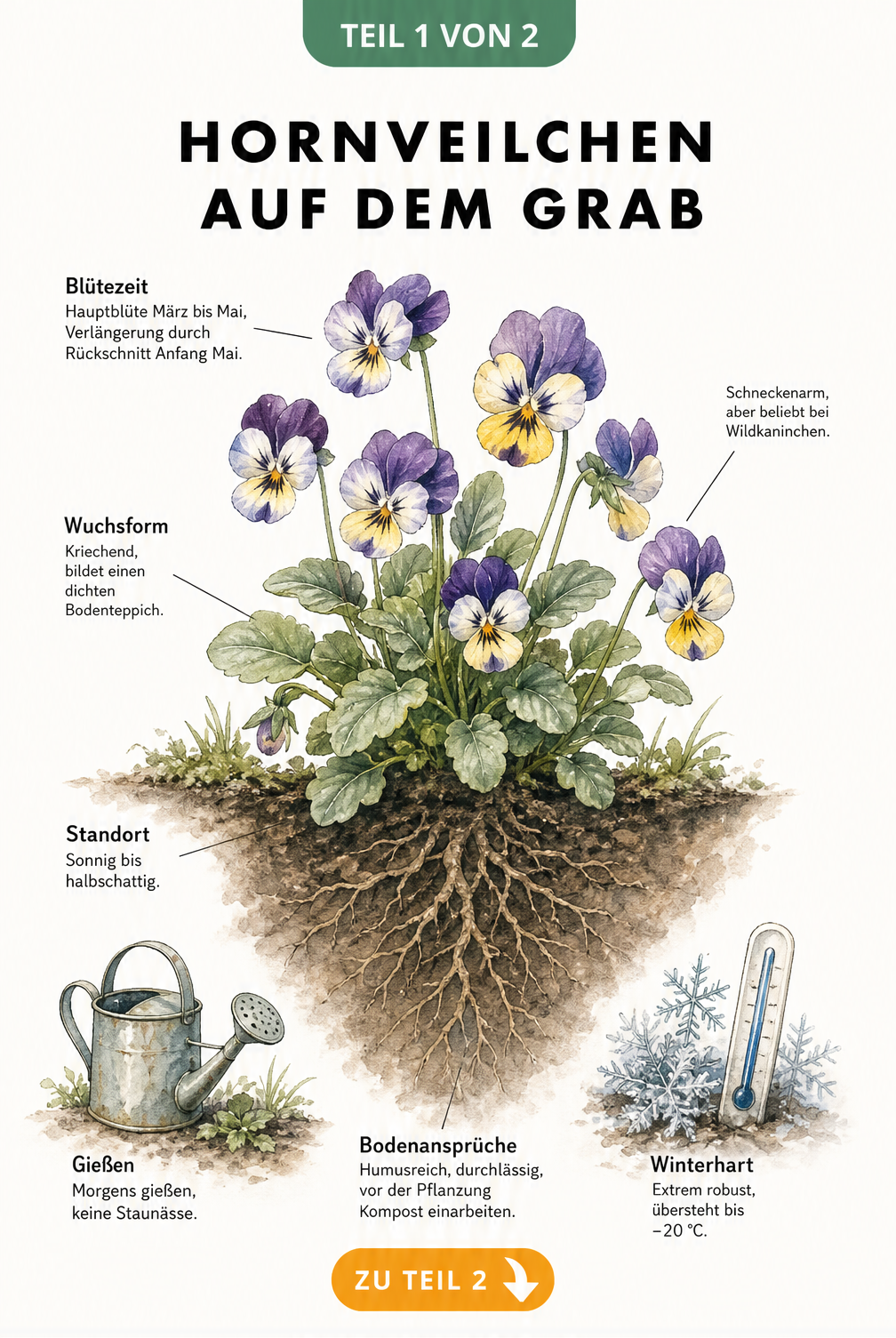 Botanische Illustration eines Hornveilchens im Querschnitt mit Wurzeln, Blättern und Blüten sowie Pflegetipps für die Grabbepflanzung