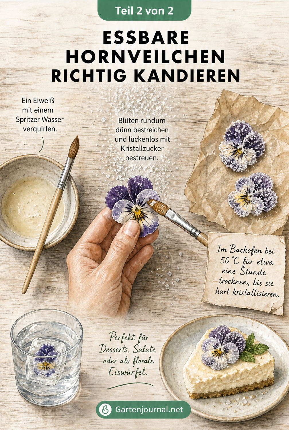 Illustration einer Küchenszene aus der Vogelperspektive, die das Kandieren von Hornveilchenblüten mit Eiweiß und Kristallzucker zeigt.