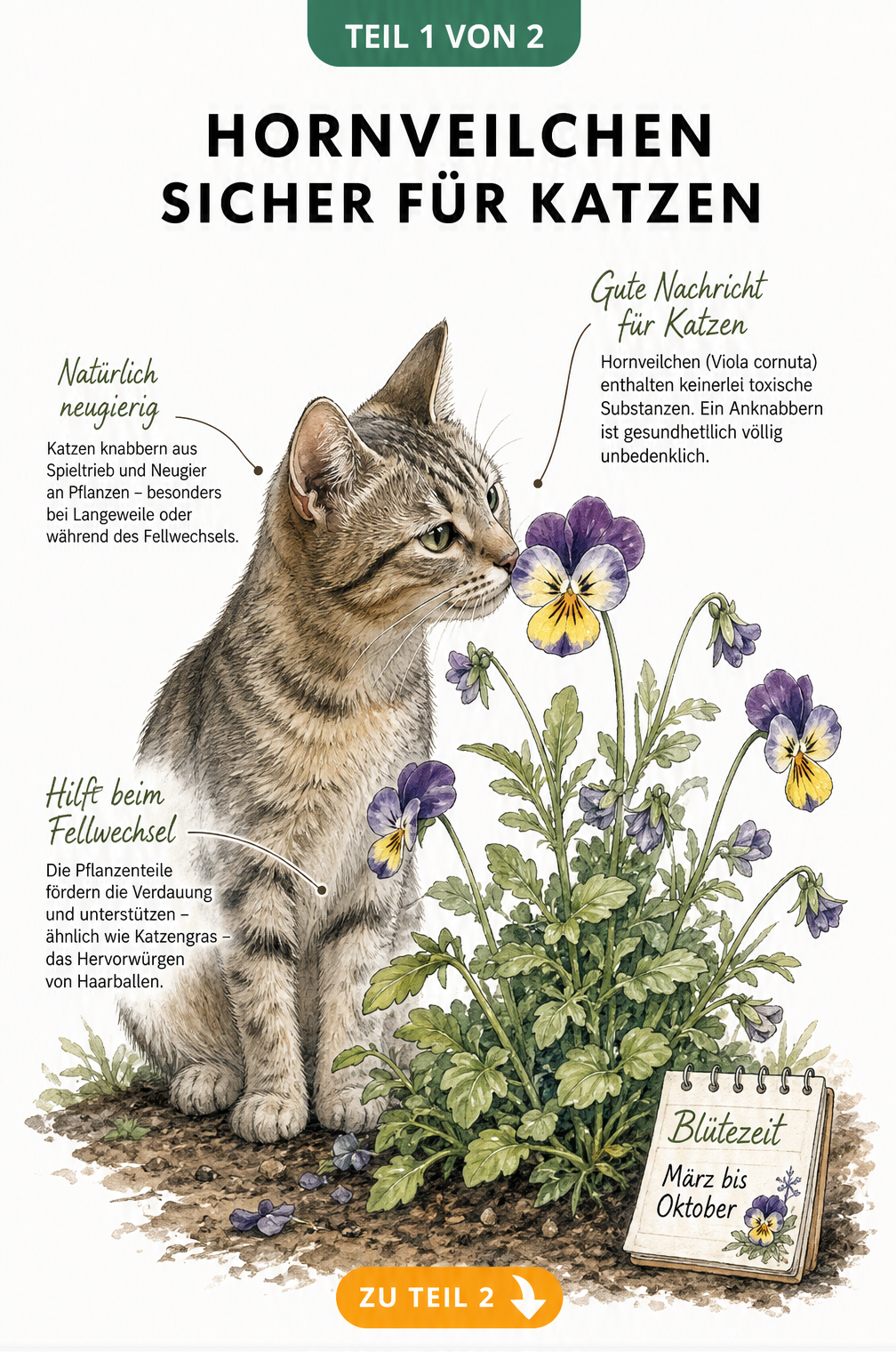 Illustration einer Katze, die an einem Hornveilchen schnuppert, mit Hinweisen zur Unbedenklichkeit