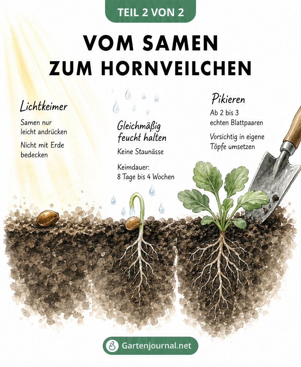 Querschnitt-Illustration der Keimung von Hornveilchen: Vom Lichtkeimer über die Wurzelbildung bis zum Pikieren.
