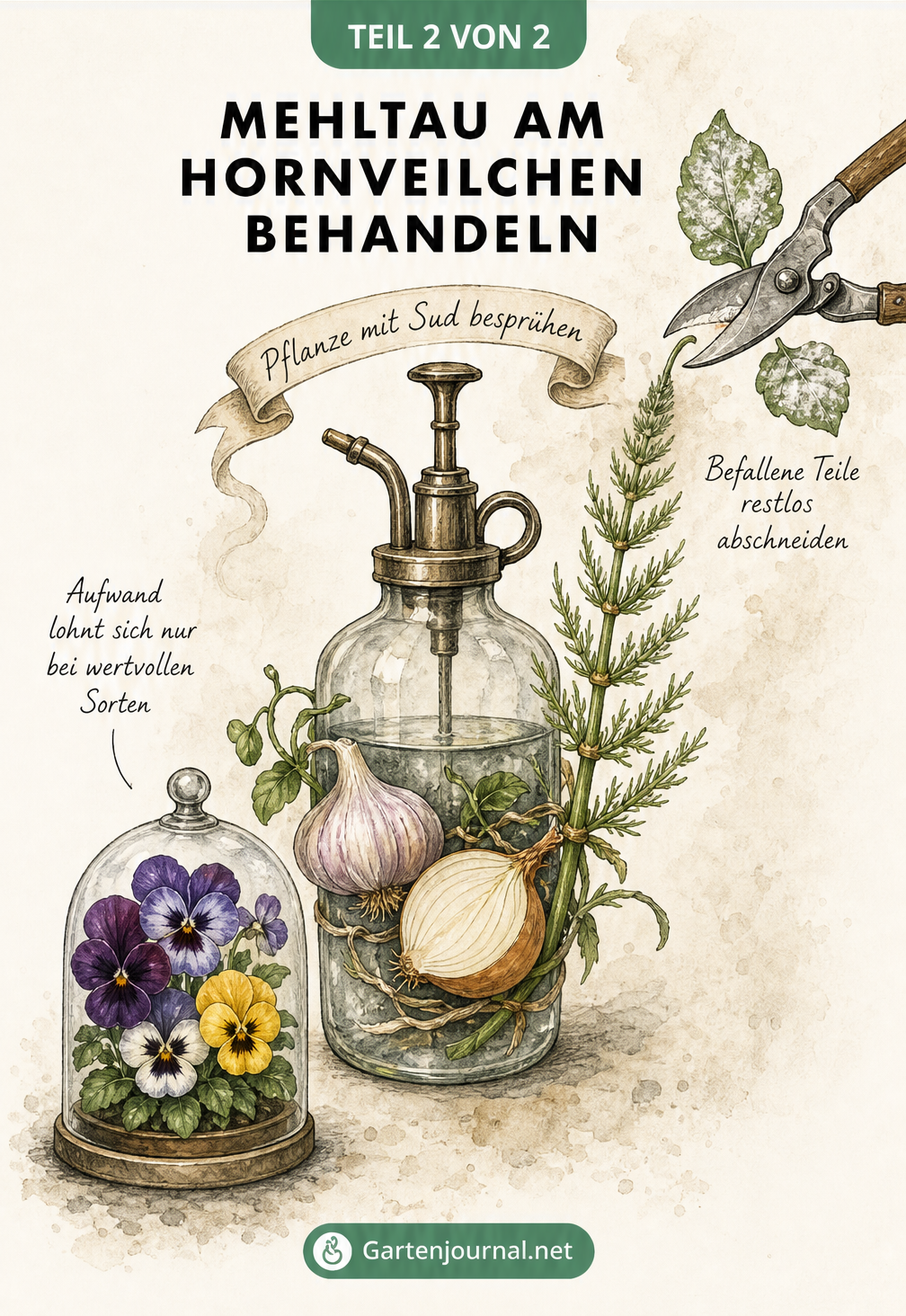 Vintage-Pflanzenspritze mit Knoblauch, Zwiebel und Ackerschachtelhalm sowie eine Gartenschere, die ein befallenes Blatt abschneidet.
