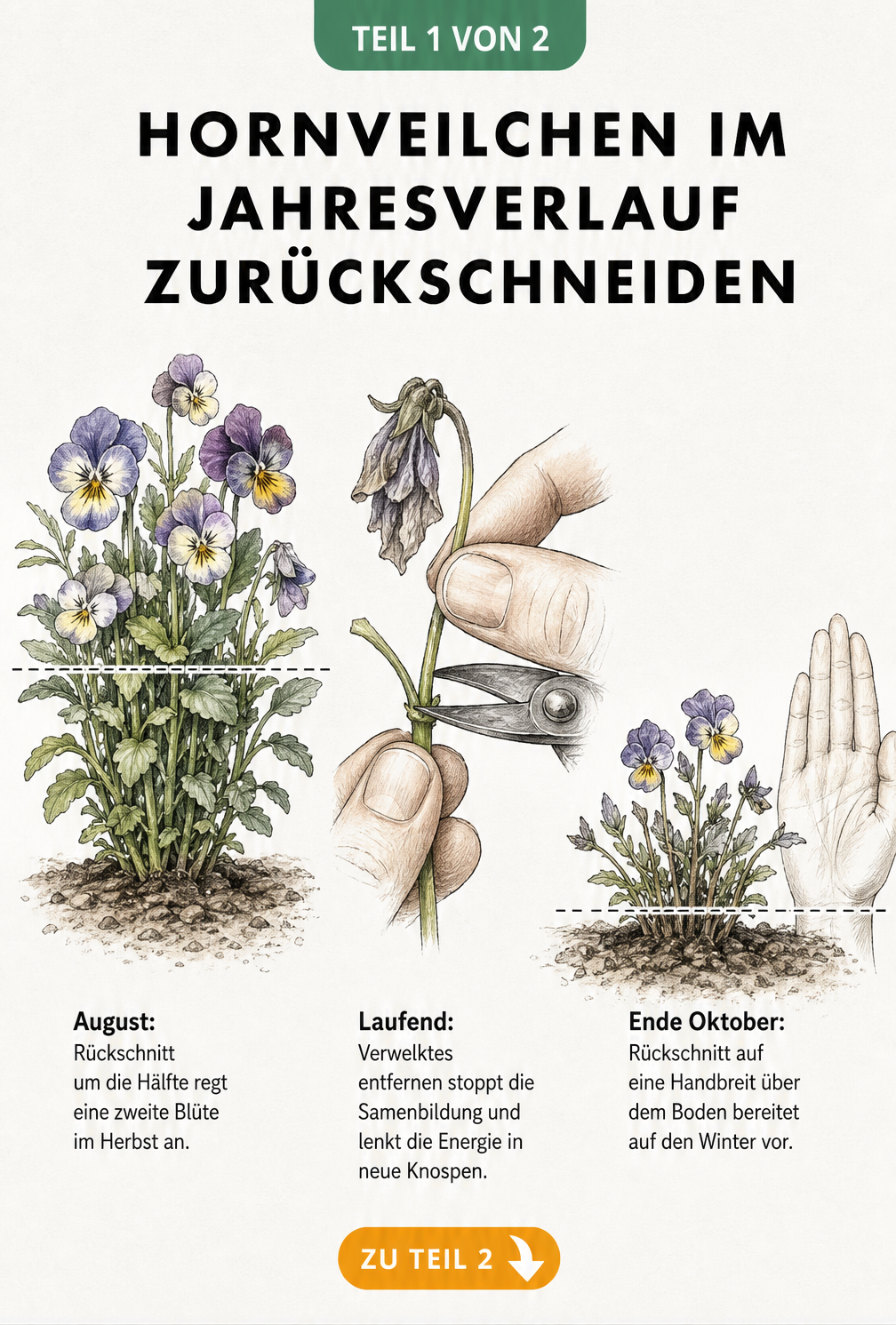 Botanische Zeichnung von Hornveilchen im Jahresverlauf mit Schnittlinien für den Rückschnitt im August, laufendes Ausputzen und den Herbstschnitt.