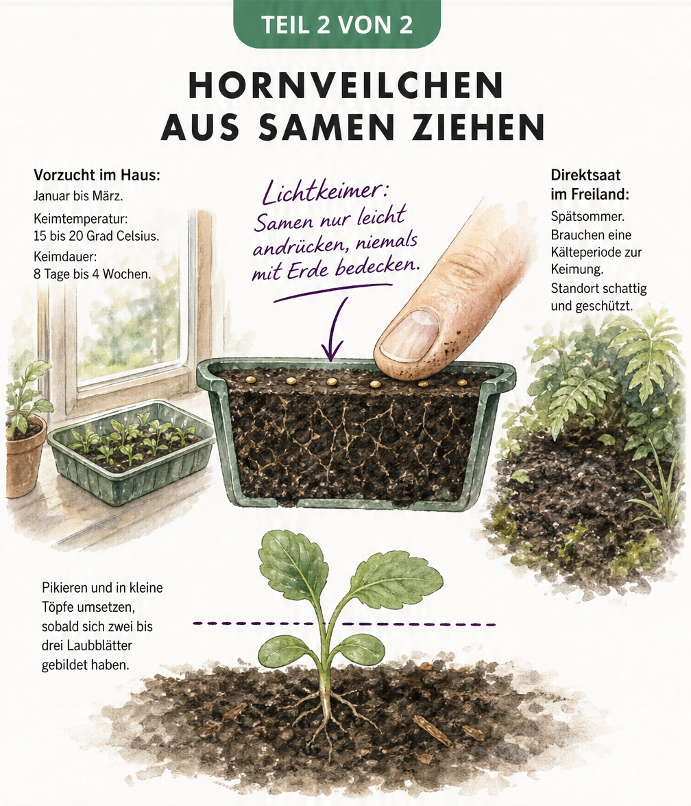 Illustration zur Aussaat von Hornveilchen: Lichtkeimer richtig andrücken und pflegen