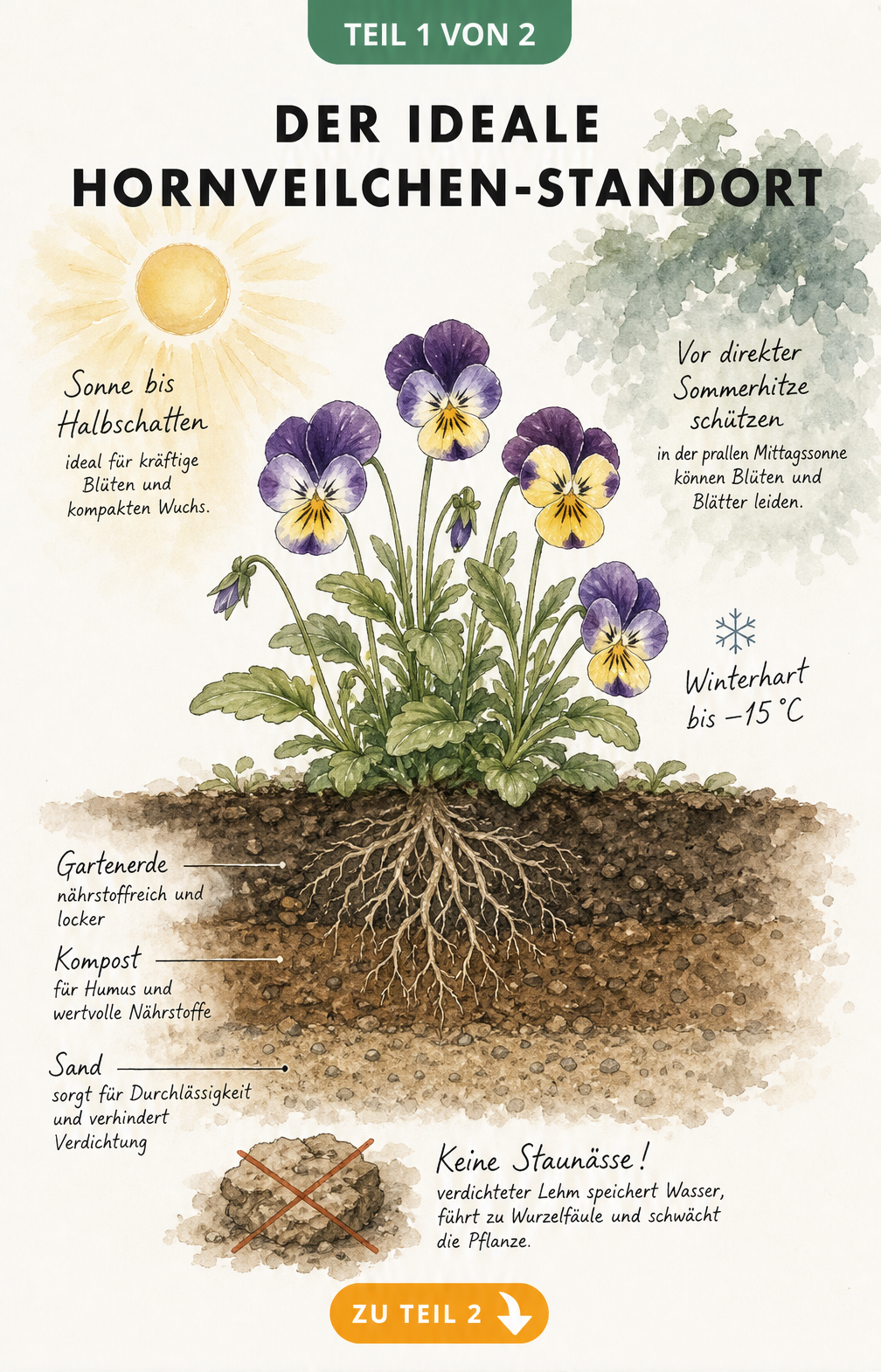 Botanische Querschnitt-Illustration einer blühenden Hornveilchen-Pflanze mit Wurzelwerk, Bodenmischung und Lichtverhältnissen.