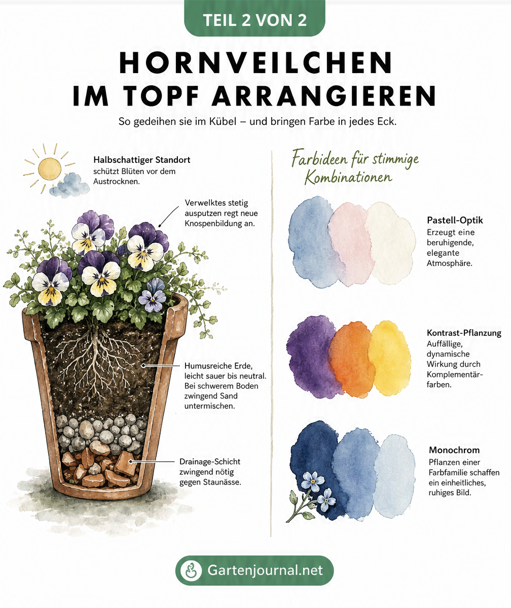 Schnittzeichnung eines bepflanzten Terrakotta-Kübels mit Hornveilchen und drei Aquarell-Farbpaletten