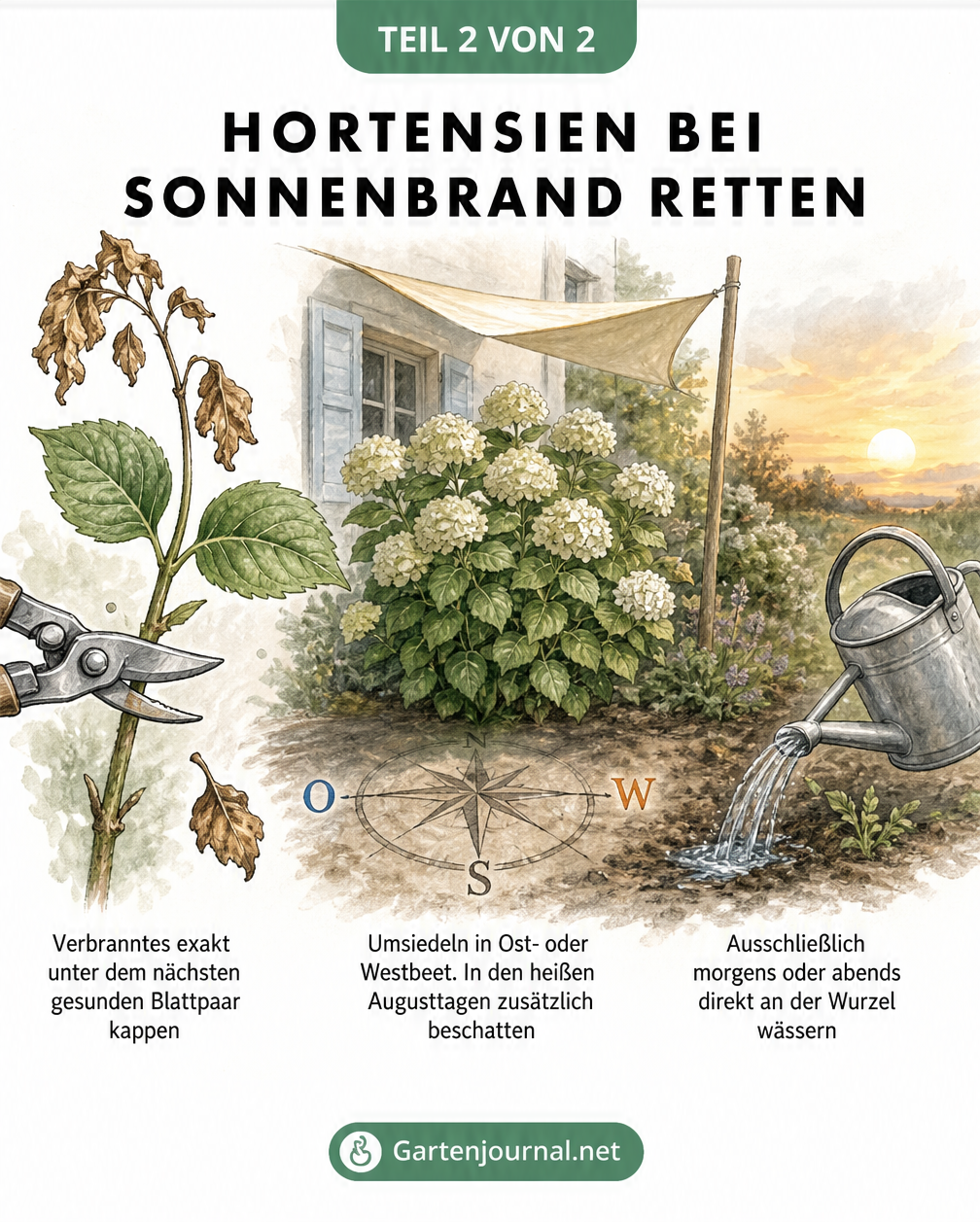 Aquarell-Zeichnung mit drei Pflegemaßnahmen für Hortensien: Verbrannte Triebe unter dem nächsten gesunden Blattpaar abschneiden, die Pflanze in ein Ost- oder...