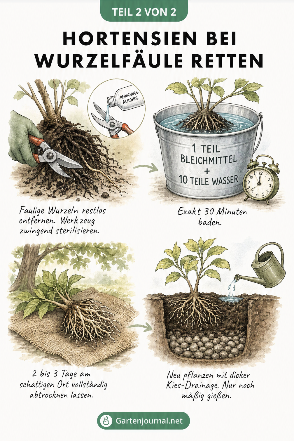 Illustration zur Rettung einer Hortensie bei Wurzelfäule: Faulige Wurzeln abschneiden, Wurzelballen in Bleichmittel baden, abtrocknen lassen und mit...