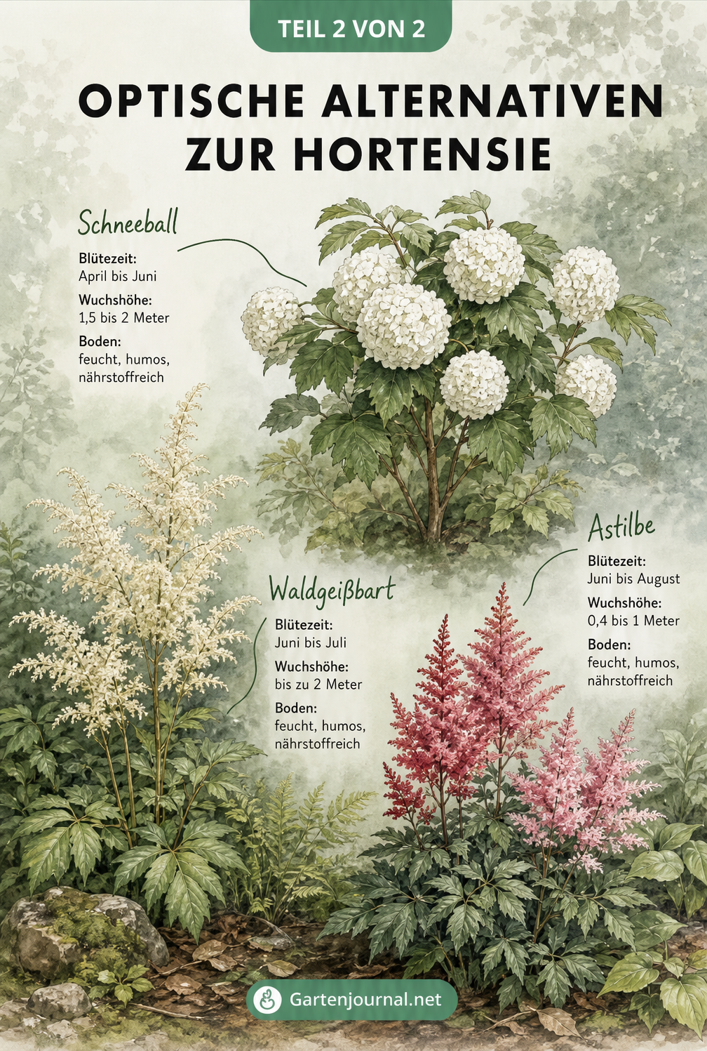 Botanische Zeichnung von Schneeball, Waldgeißbart und Astilben mit Angaben zu Blütezeit und Wuchshöhe