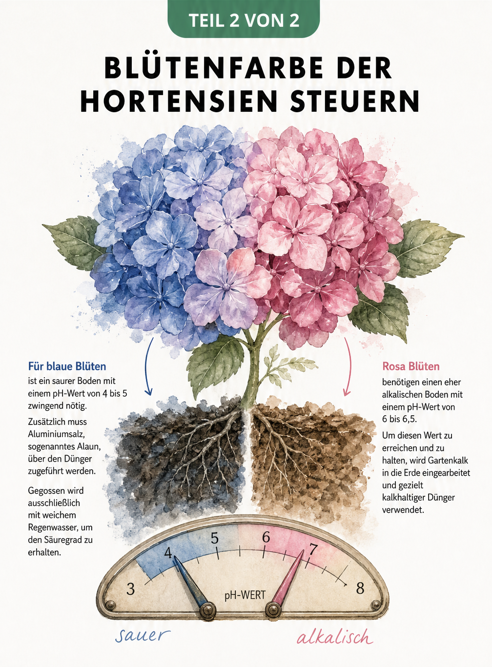Aquarell-Illustration einer Hortensienblüte, die links blau und rechts rosa leuchtet, mit Querschnitt des Bodens und pH-Wert-Skala zur Steuerung der...