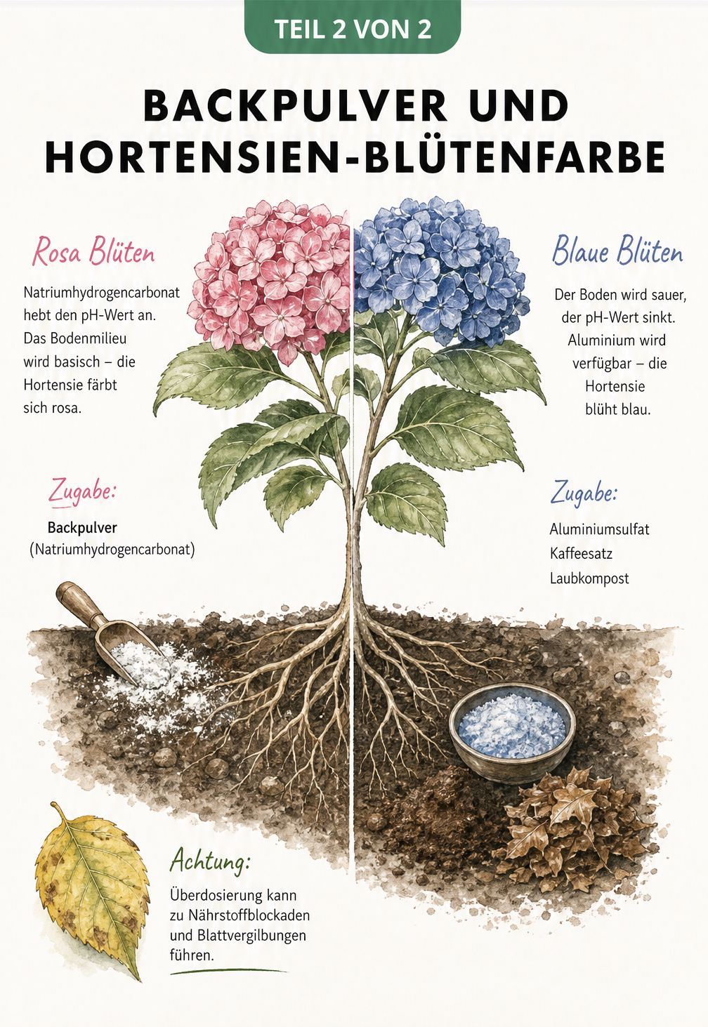 Botanische Schnittzeichnung einer Hortensie, die den Einfluss des pH-Werts auf die Blütenfarbe Rosa und Blau zeigt