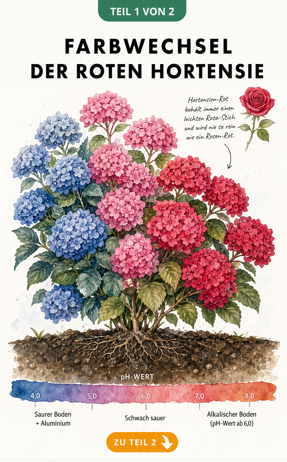 Aquarell-Illustration eines Hortensienbuschs, der von Blau über Rosa zu Rot wechselt, mit pH-Wert-Skala im Boden.