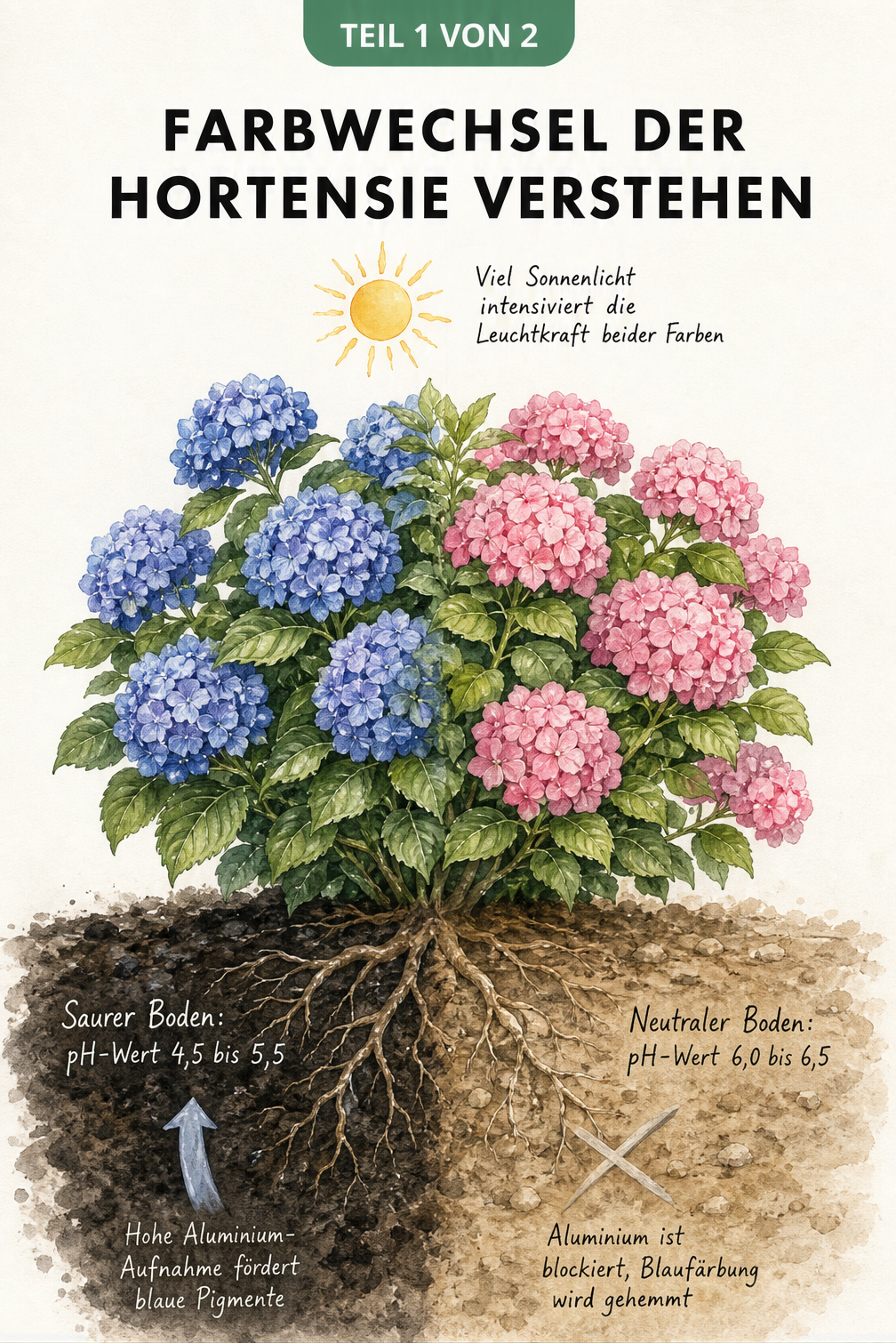 Botanische Illustration einer Hortensie, die links blaue Blüten in saurem Boden und rechts rosa Blüten in neutralem Boden zeigt.