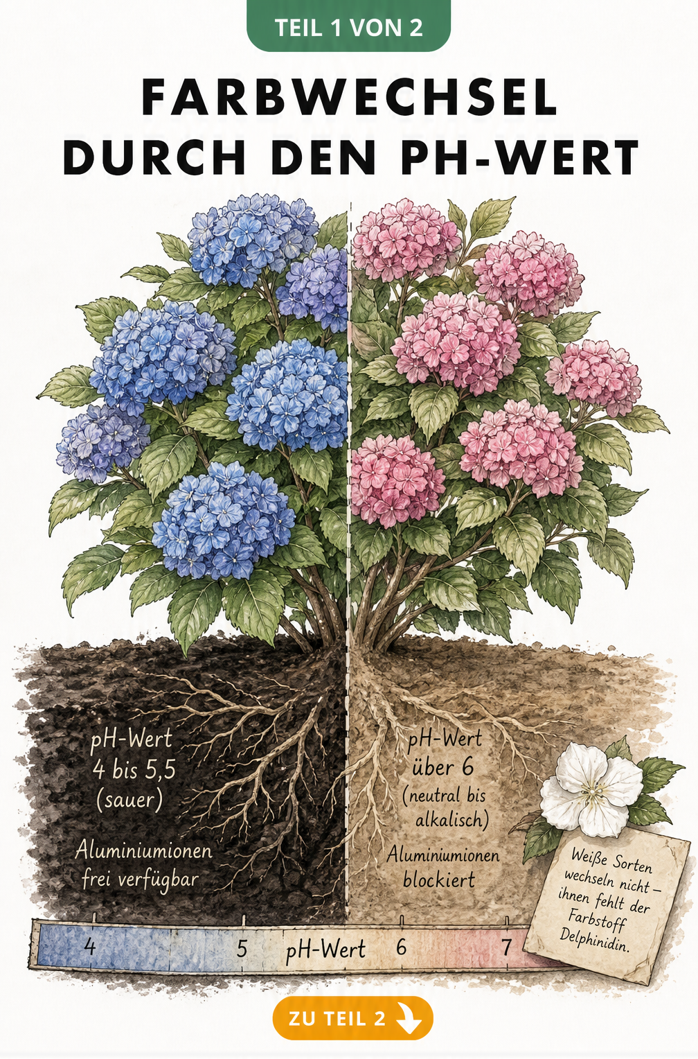 Illustration einer Bauernhortensie, die links blau und rechts rosa blüht, mit Erklärung zum pH-Wert und Aluminiumionen im Boden.