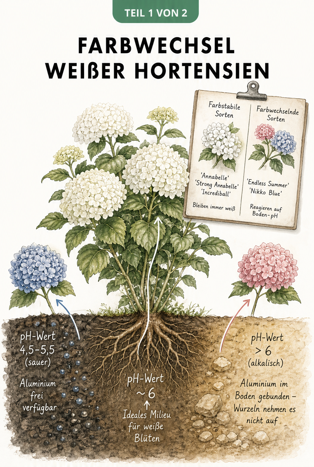 Botanische Illustration einer Hortensie mit Bodenquerschnitt, der den Einfluss des pH-Werts auf die Blütenfarbe von Weiß zu Rosa und Blau zeigt.