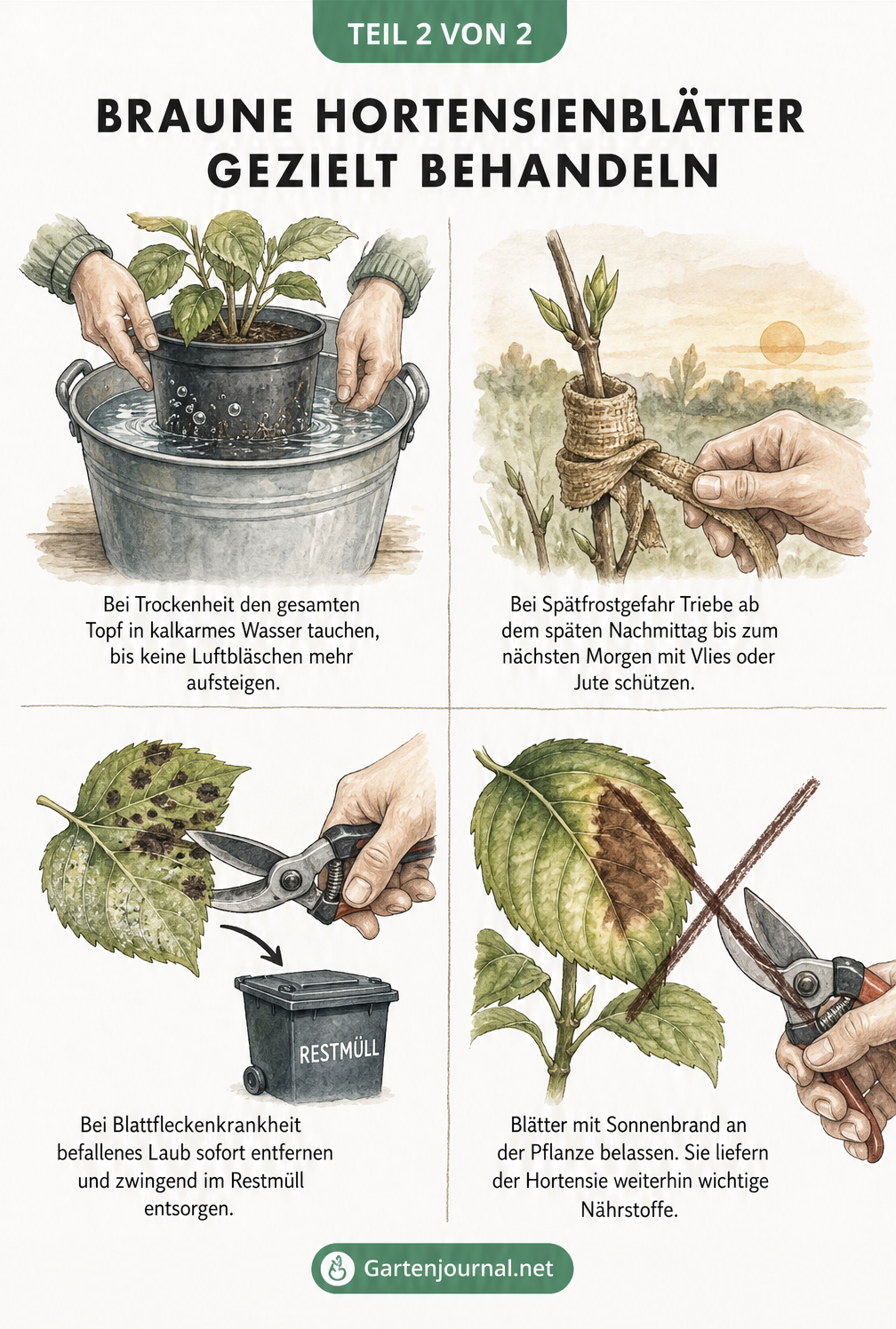 Vier Illustrationen zur Behandlung von Hortensien: Topf in Wasser tauchen, Triebe mit Jute schützen, befallene Blätter abschneiden und entsorgen, sowie...