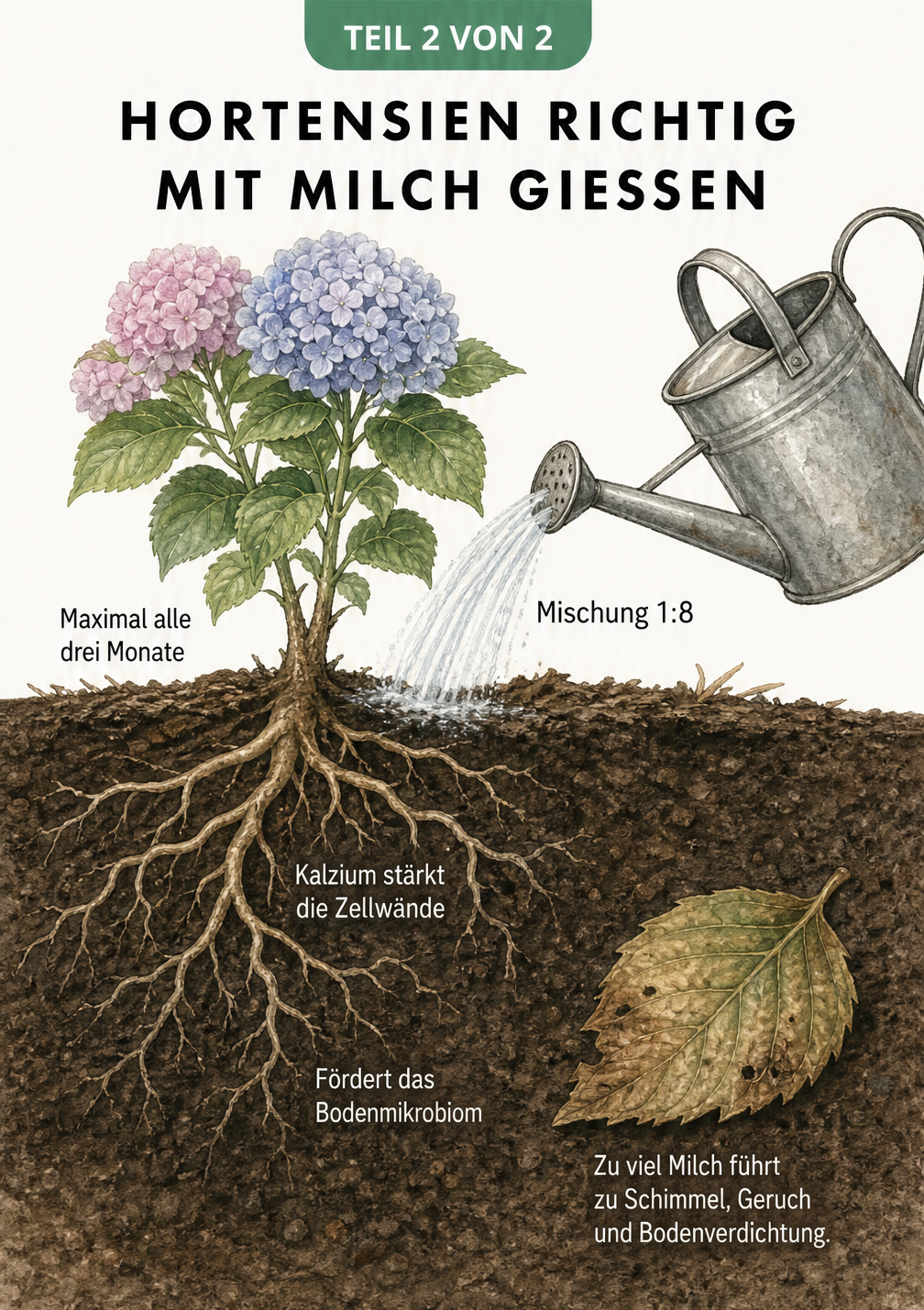 Erdschnitt mit Hortensienwurzeln und einer Gießkanne, die eine Milch-Wasser-Mischung gießt