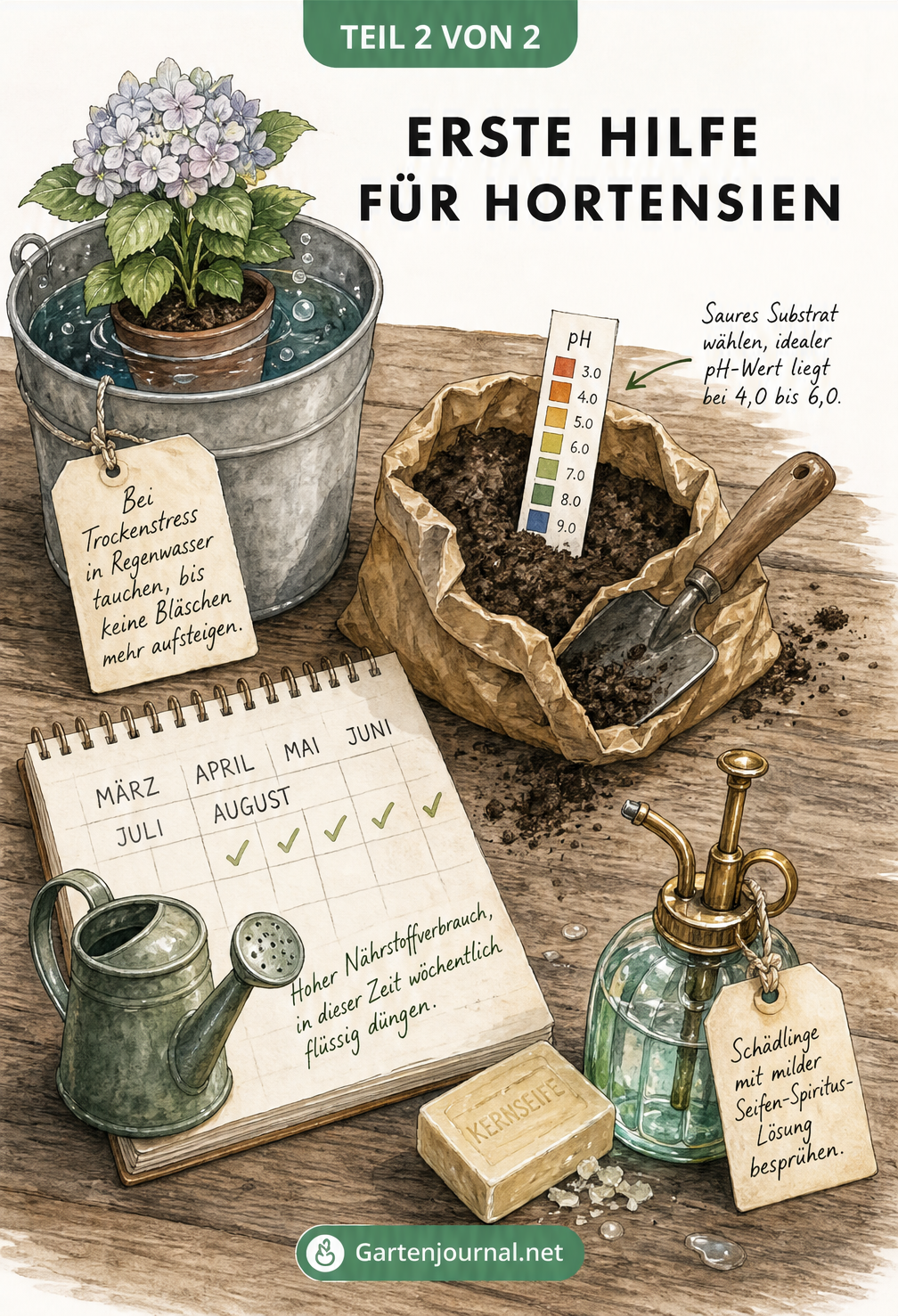 Illustration eines Pflanztisches mit Gärtner-Utensilien wie Wassereimer, saurer Erde, pH-Teststreifen, Sprühflasche und Dünger als Erste-Hilfe-Maßnahmen für...
