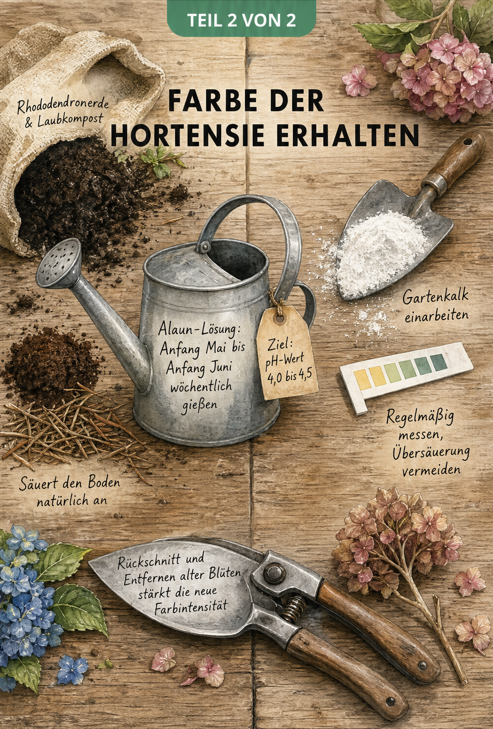 Illustration einer Werkbank mit Gartenmaterialien: Rhododendronerde und Alaun für blaue Hortensien, Gartenkalk für rosa Hortensien.