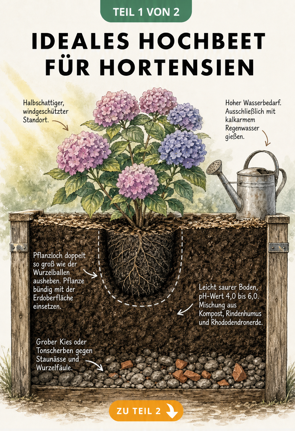 Querschnitt eines bepflanzten Hochbeets mit Hortensie, Drainageschicht und Substrat
